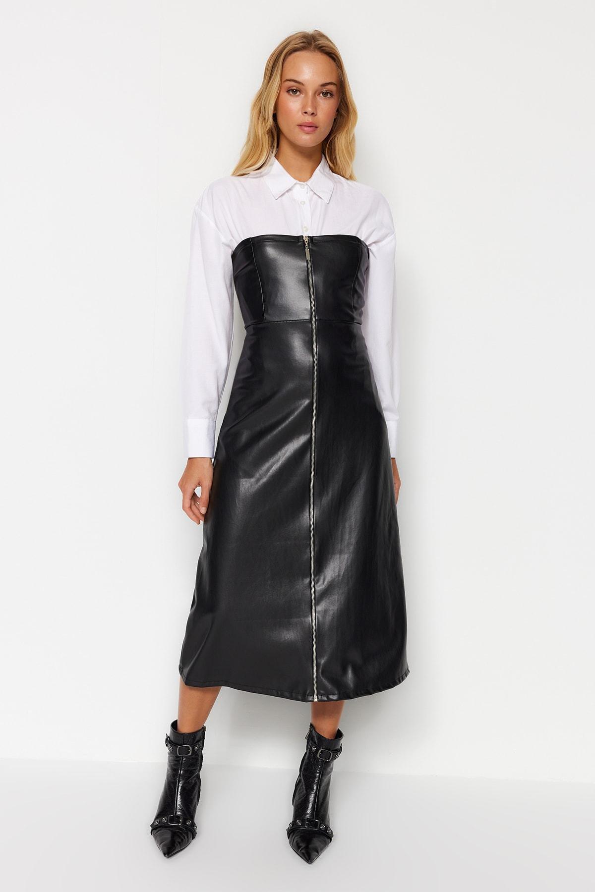 Black Faux Leather Strapless Midi Dress, , large image number 1