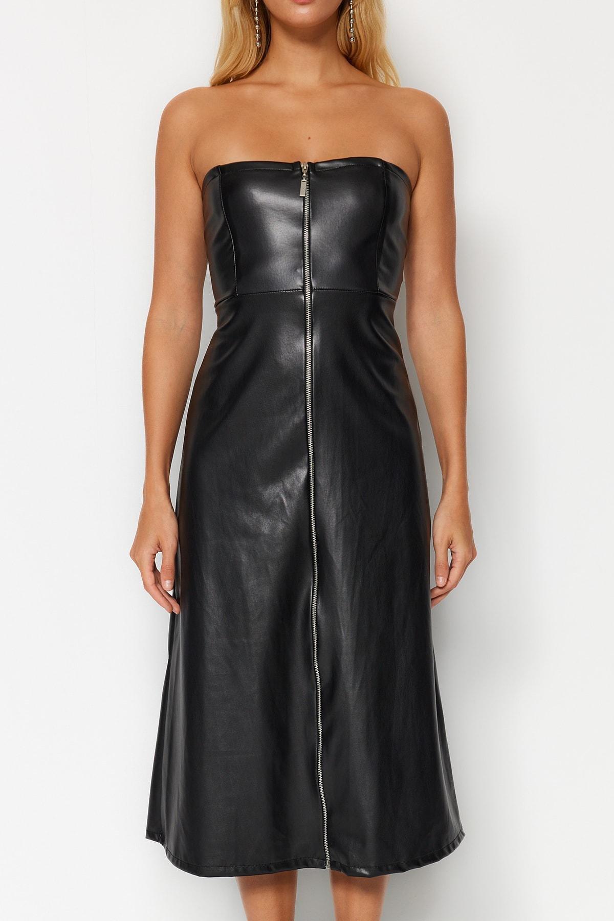 Black Faux Leather Strapless Midi Dress, , large image number 2