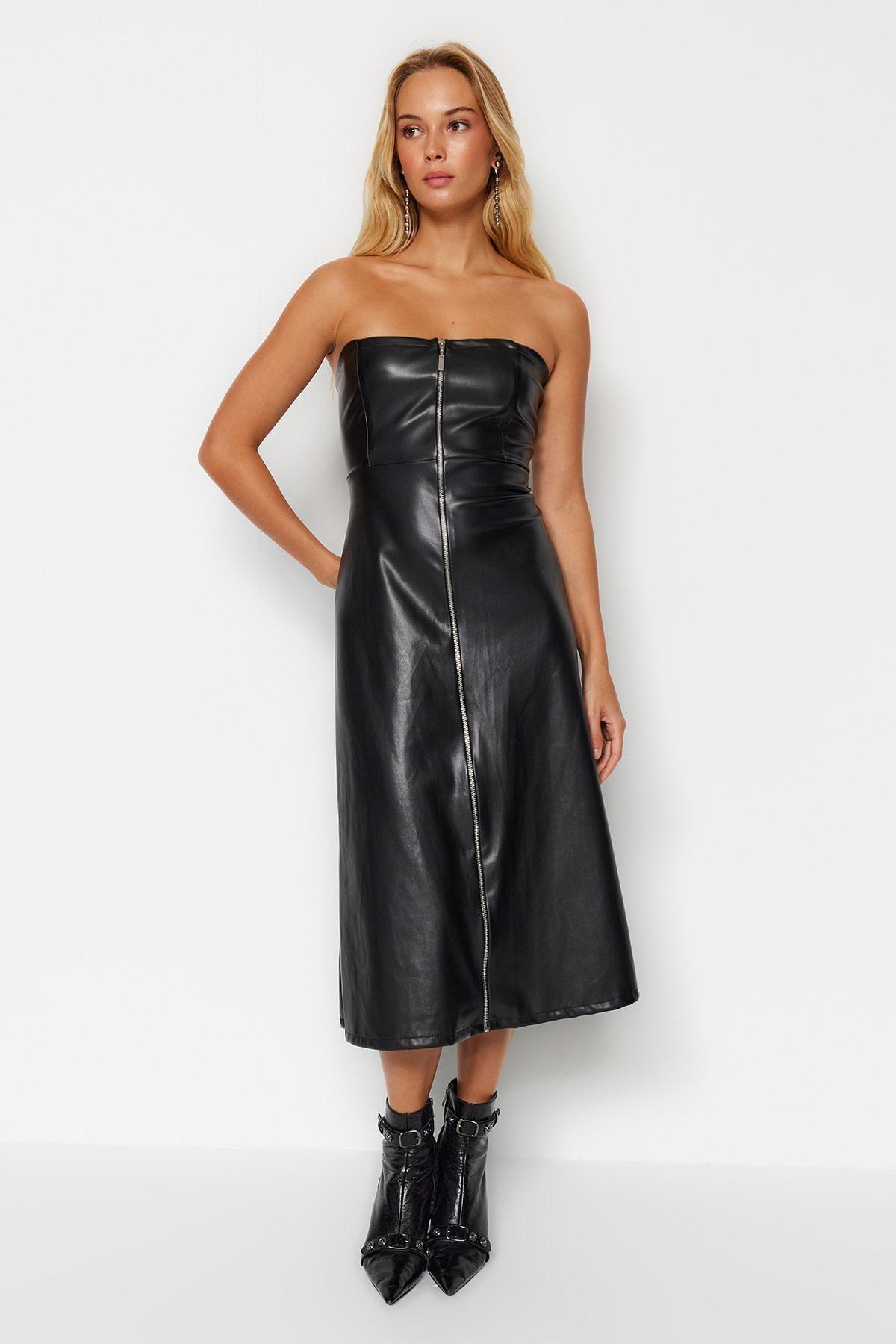 Black Faux Leather Strapless Midi Dress, , large image number 4