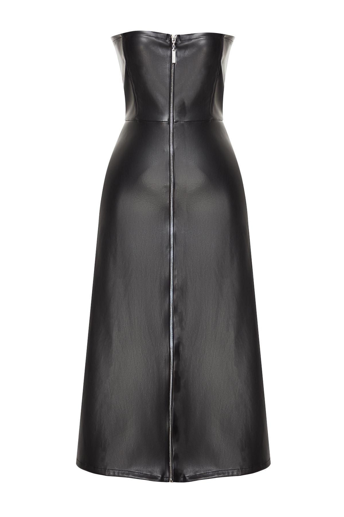 Black Faux Leather Strapless Midi Dress, , large image number 5