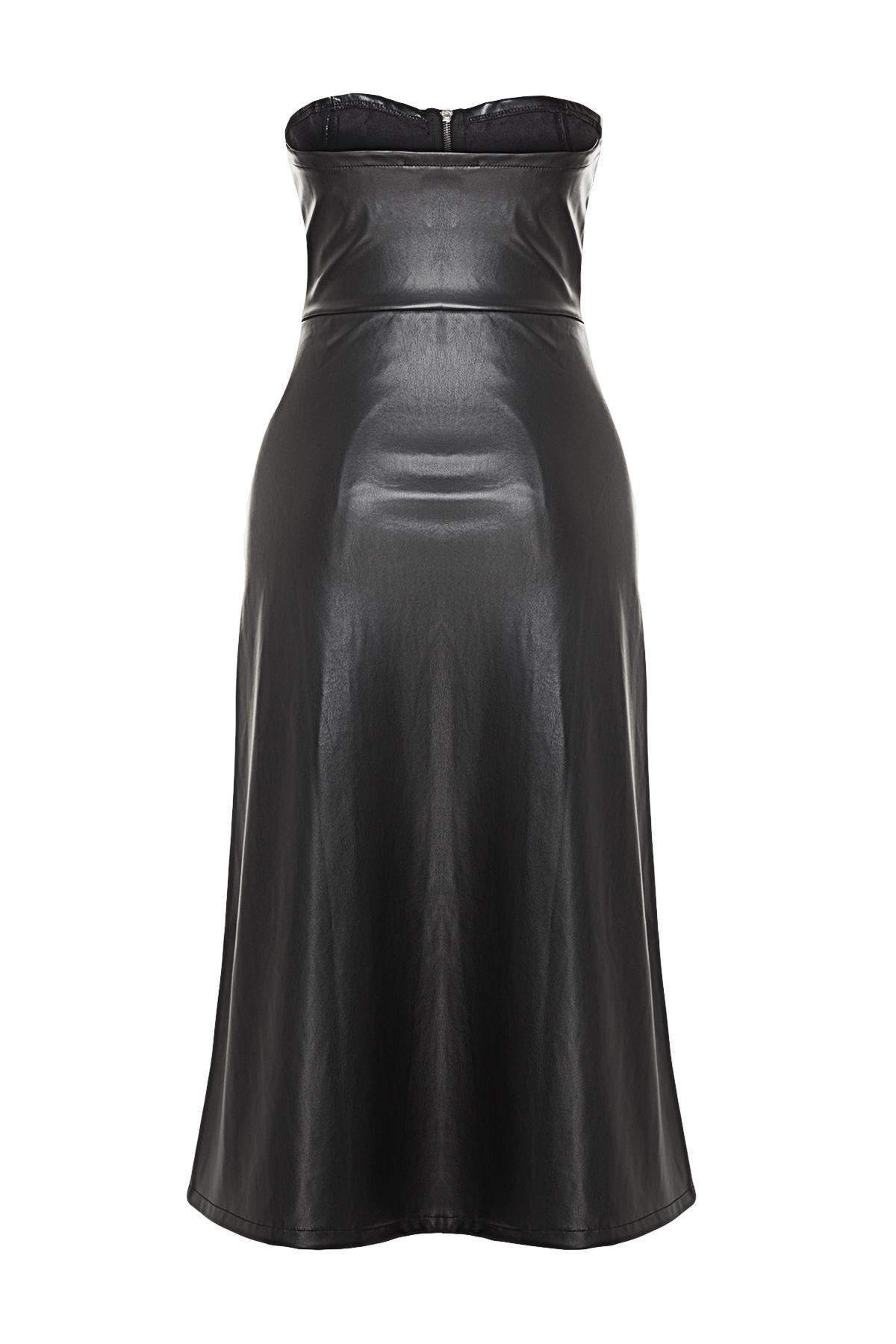 Black Faux Leather Strapless Midi Dress, , large image number 7