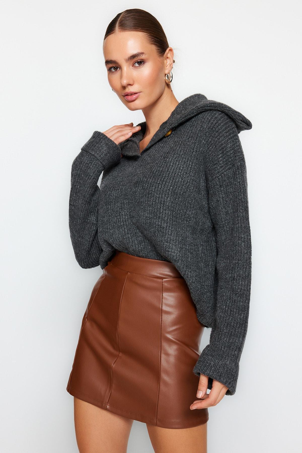 Brown Imitation Leather High Waist Mini Skirt, , large image number 0