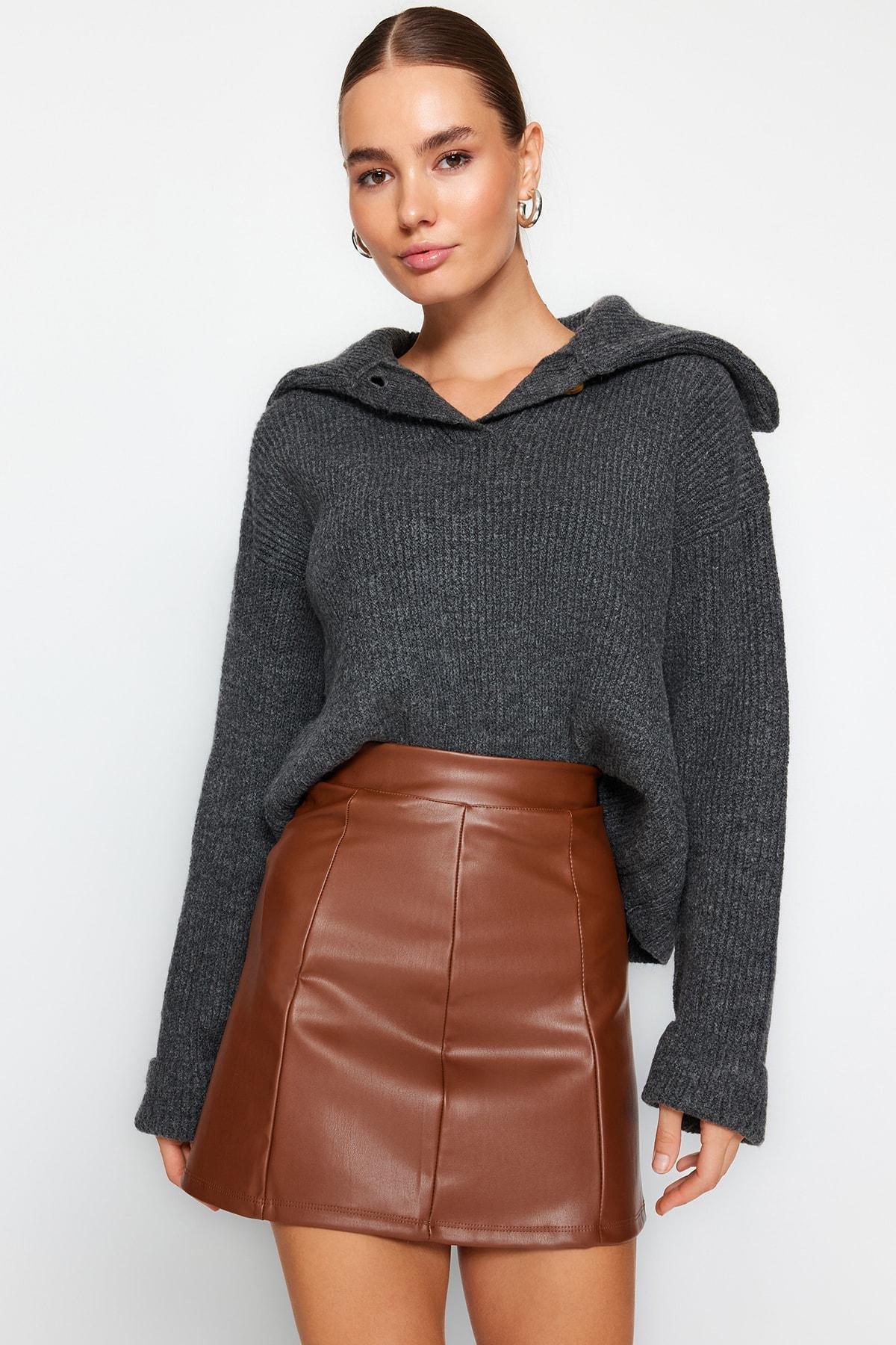 Brown Imitation Leather High Waist Mini Skirt, , large image number 1