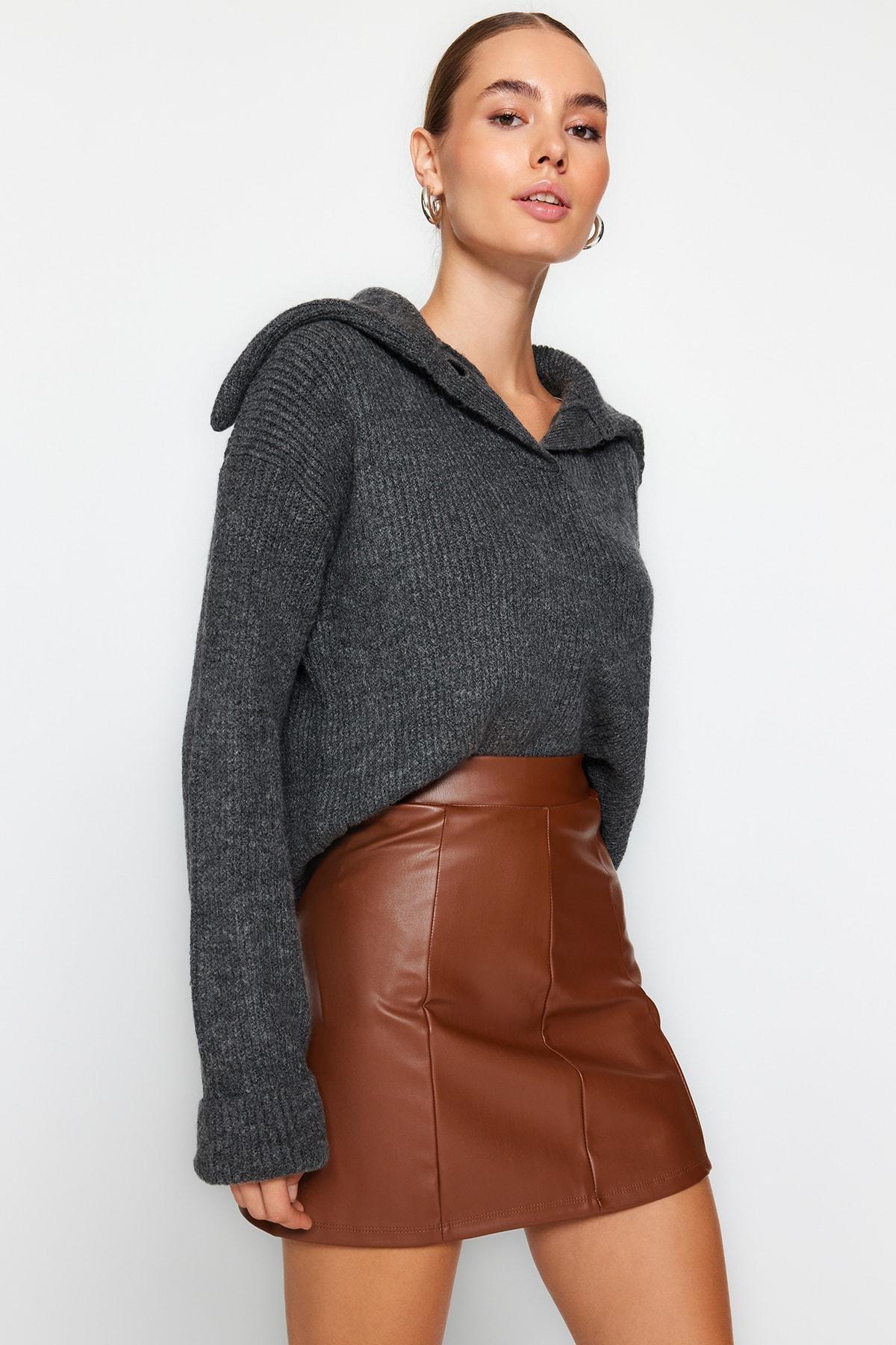 Brown Imitation Leather High Waist Mini Skirt, , large image number 2