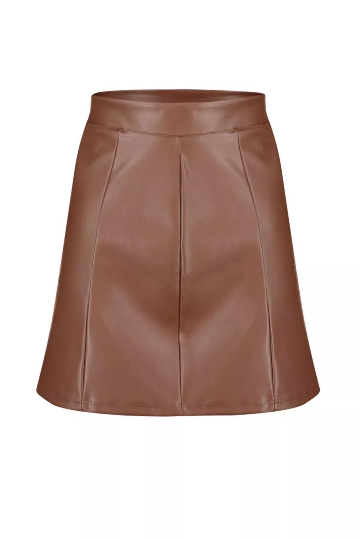 Brown Imitation Leather High Waist Mini Skirt, Brown, large image number 5