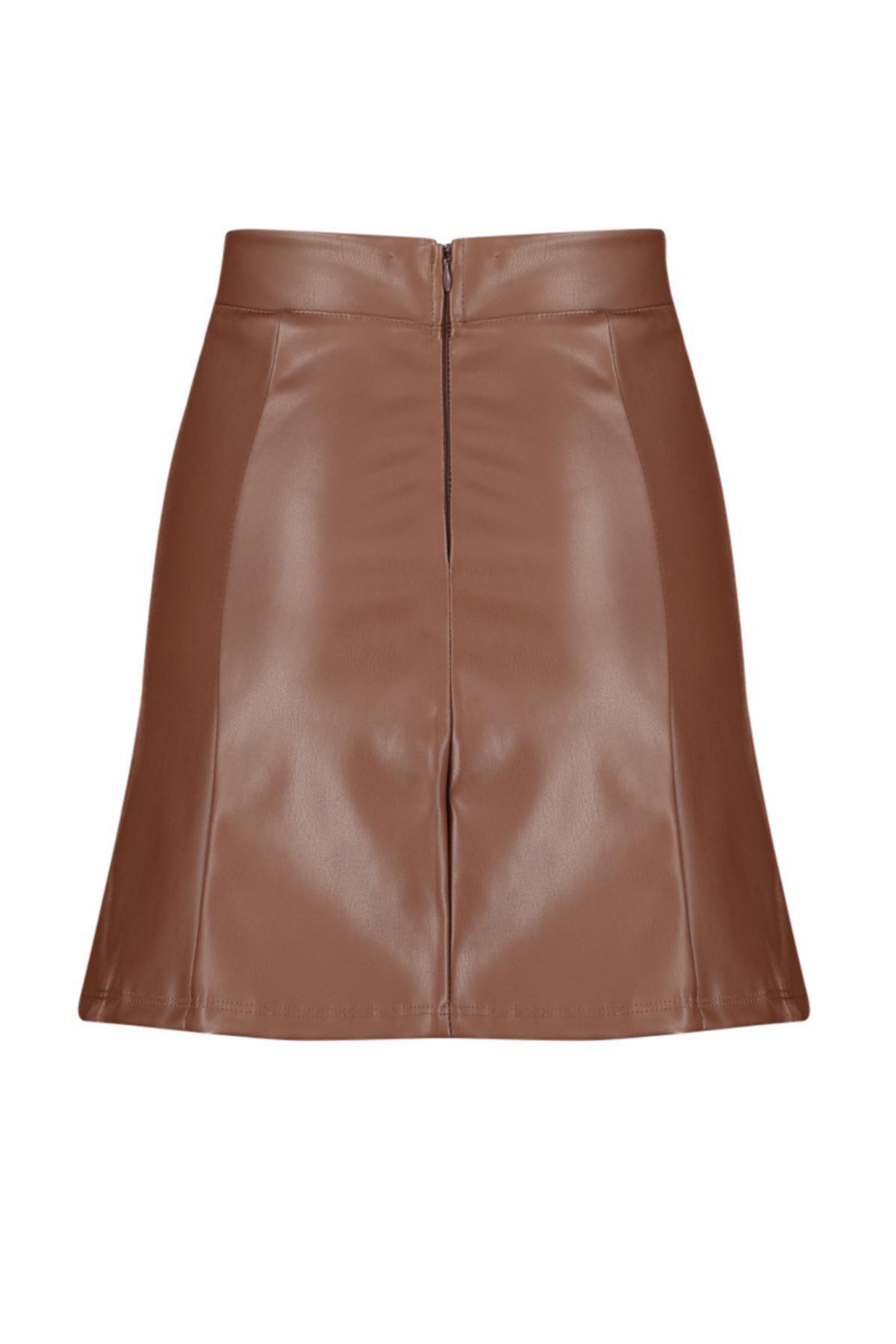 Brown Imitation Leather High Waist Mini Skirt, , large image number 7