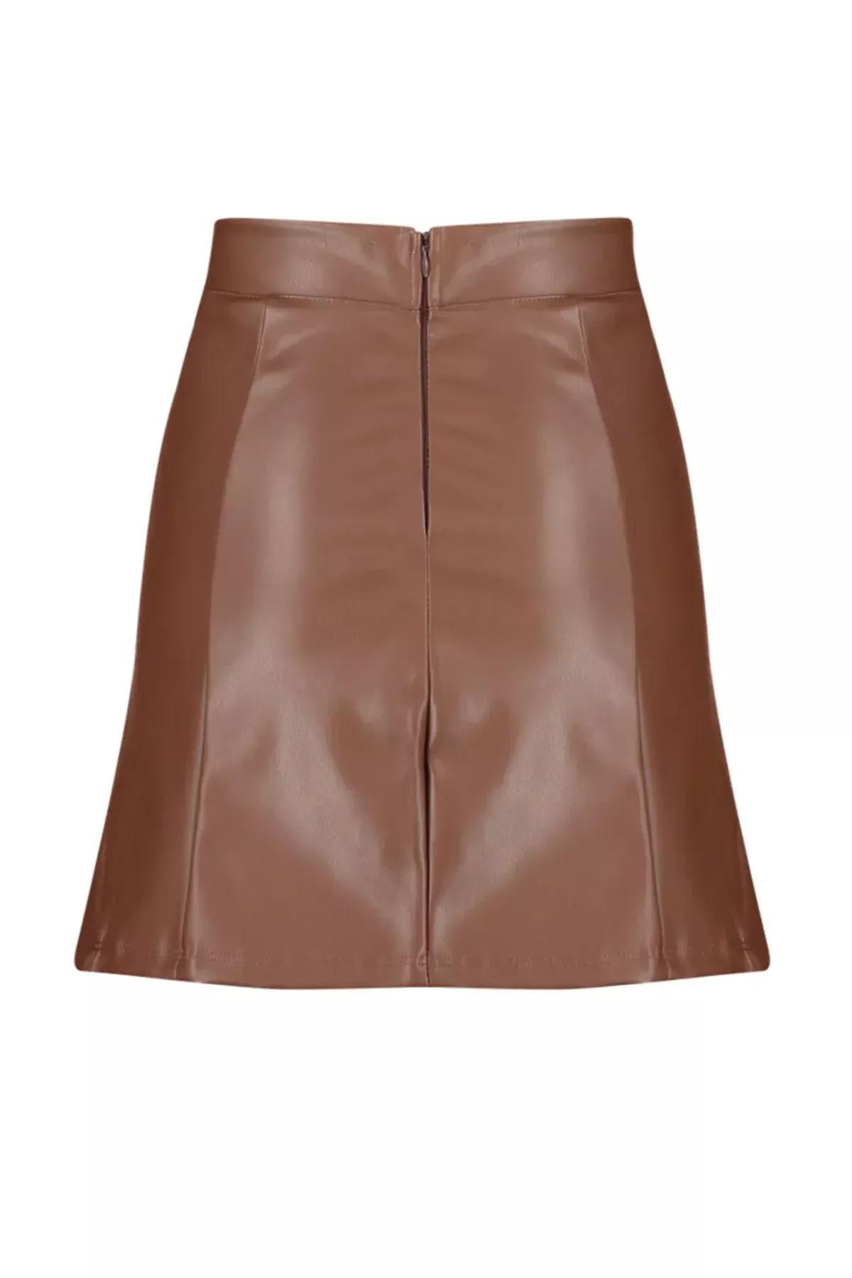 Brown Imitation Leather High Waist Mini Skirt, Brown, large image number 7