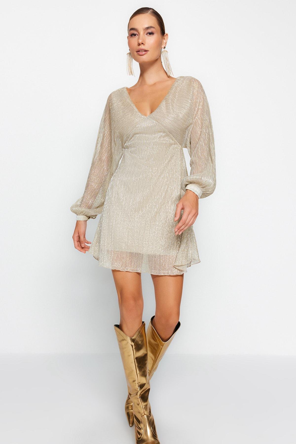 Gold Shimmering Skater Evening Dress, , large image number 0