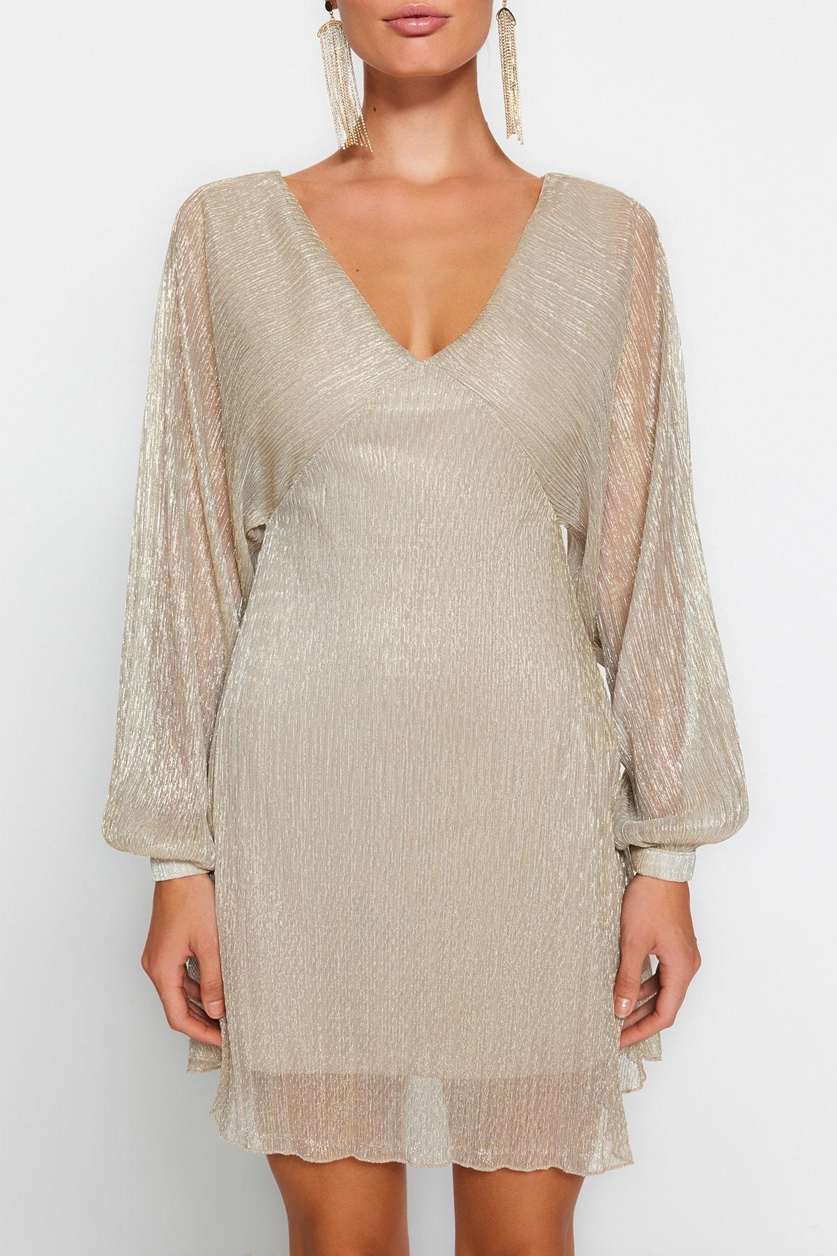 Trendyol - Gold Shimmering Skater Evening Dress