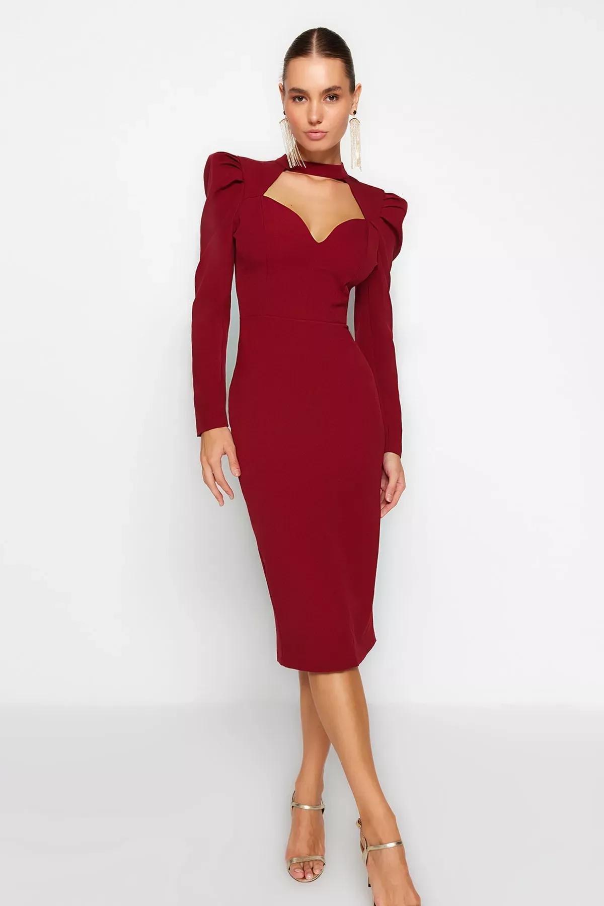 Red Wrap Over Evening Dress, Burgundy, medium