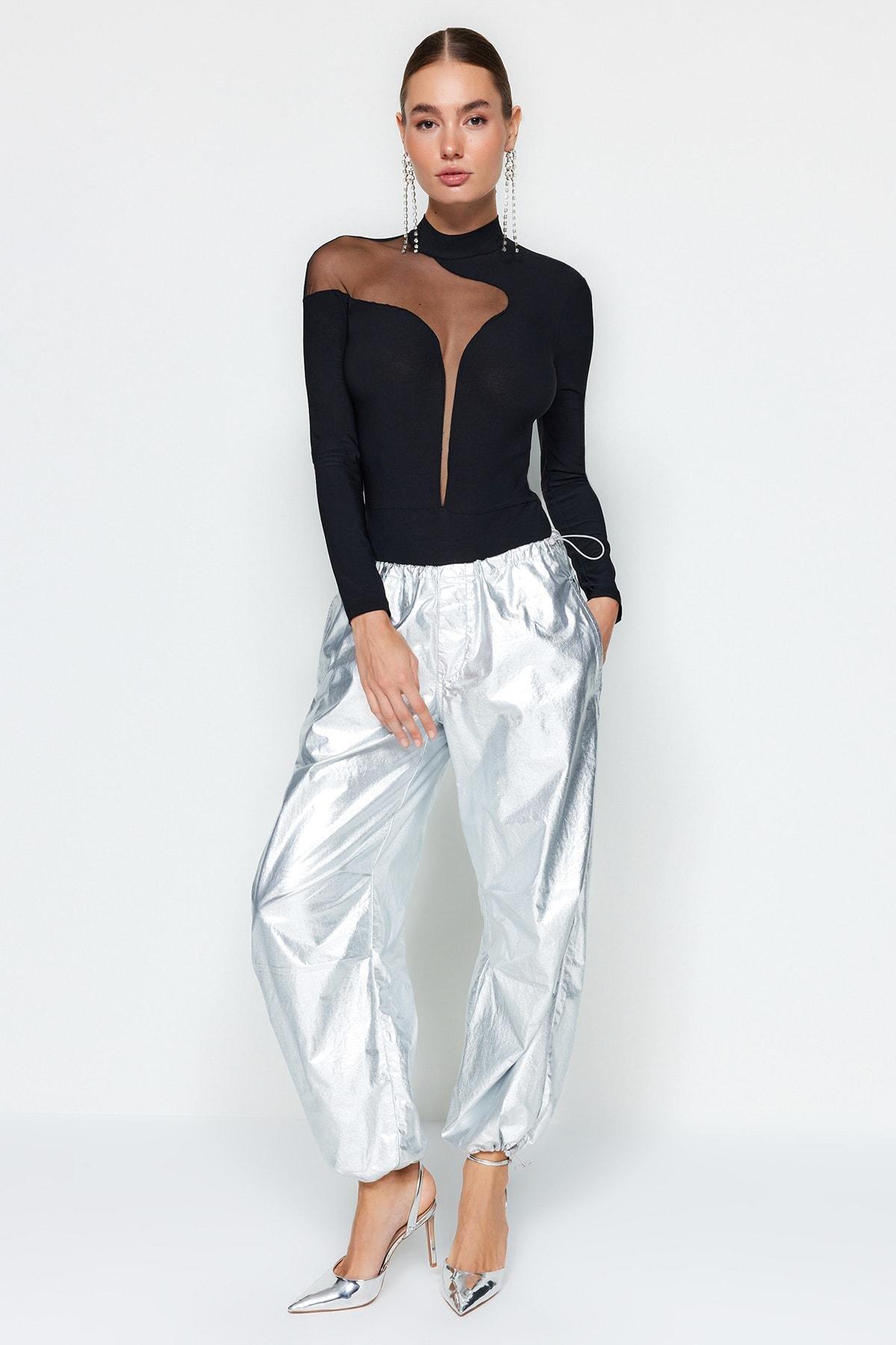 Black Transparent Detailed Knitted Tulle Bodysuit, BLACK, large image number 2