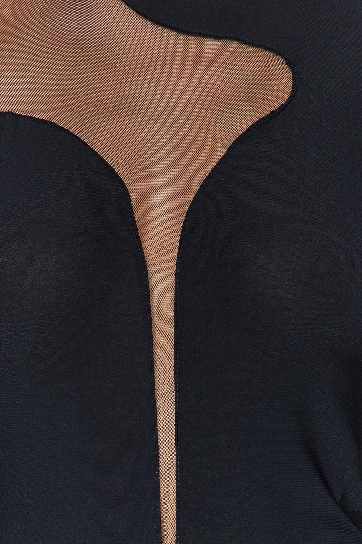 Black Transparent Detailed Knitted Tulle Bodysuit, BLACK, large image number 4