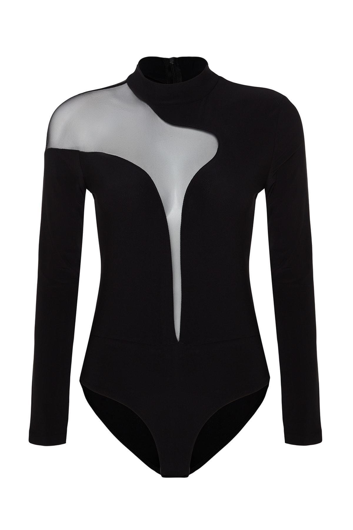 Black Transparent Detailed Knitted Tulle Bodysuit, BLACK, large image number 5
