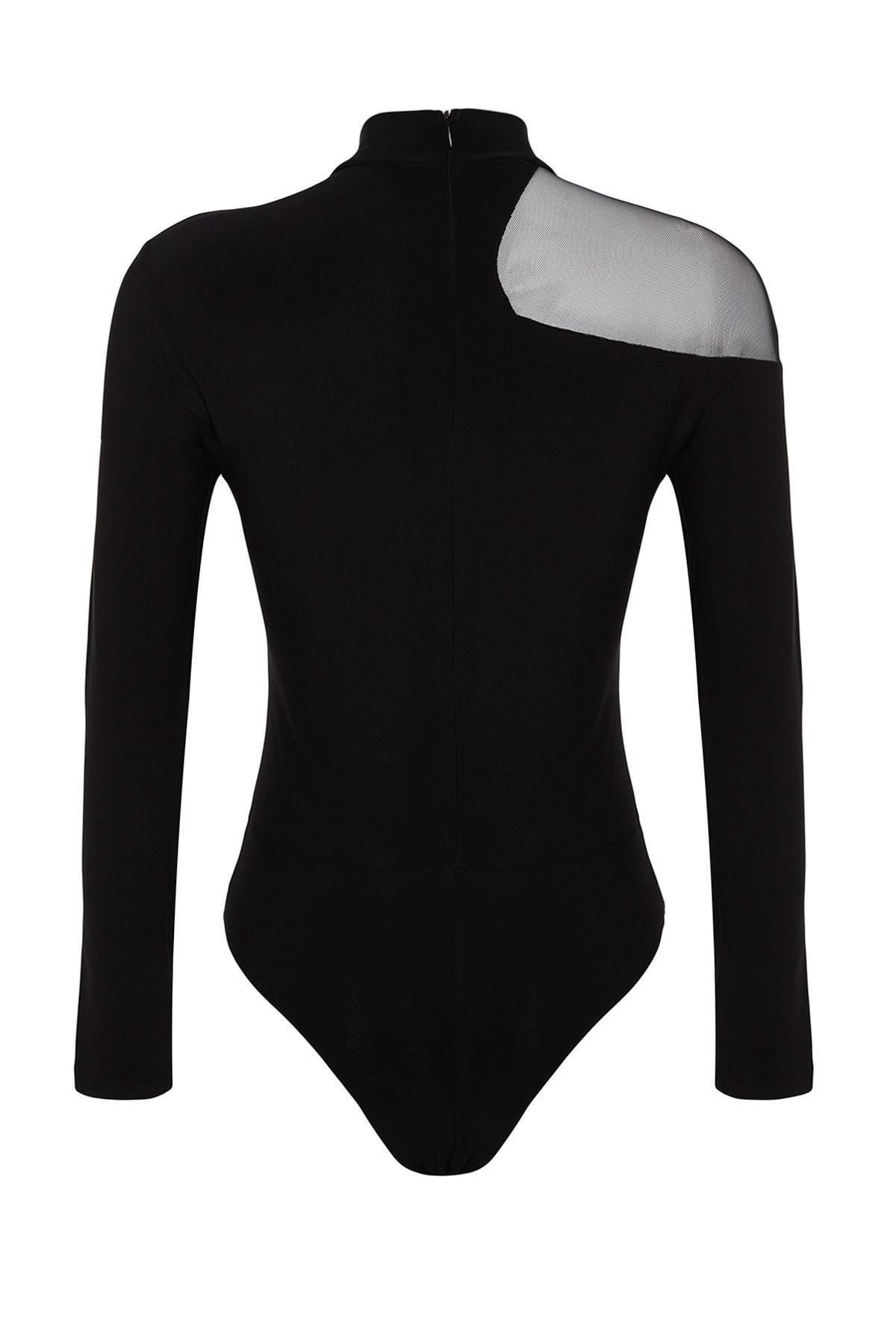 Black Transparent Detailed Knitted Tulle Bodysuit, BLACK, large image number 6