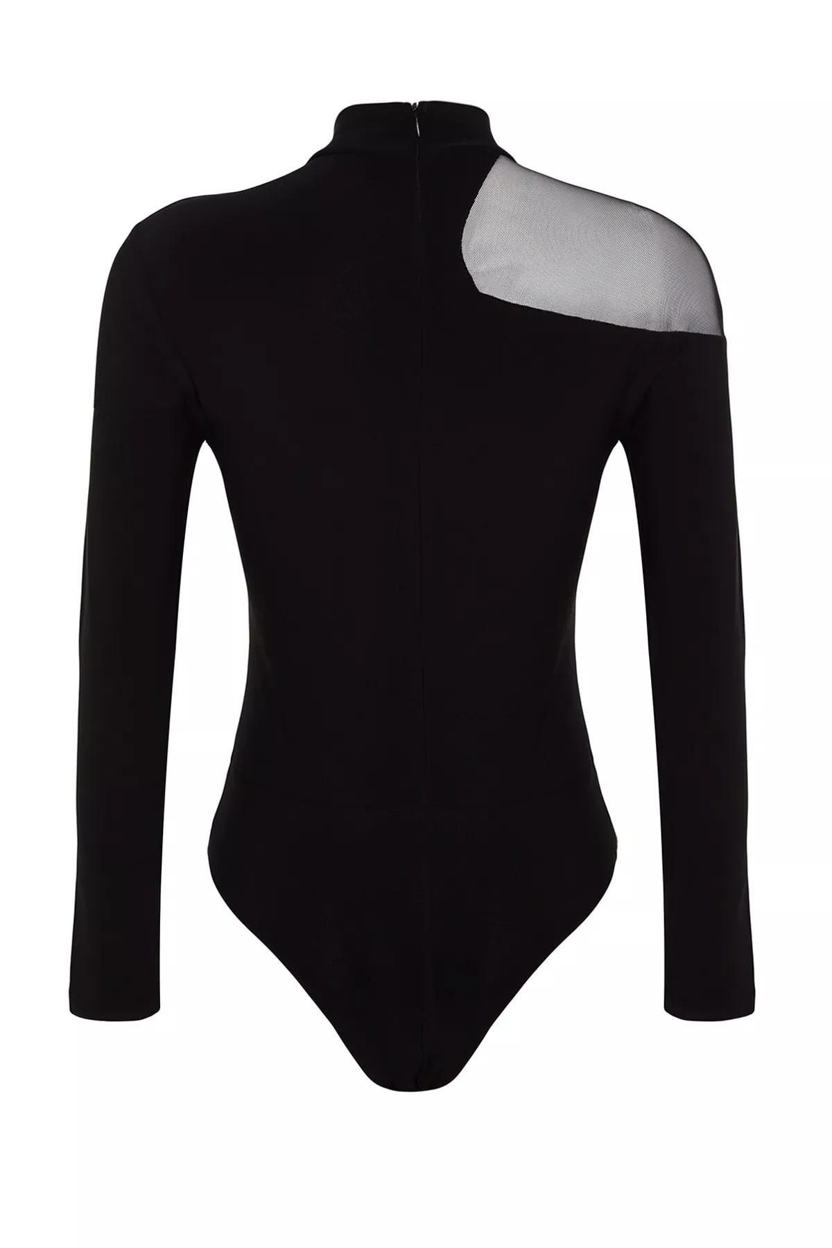 Black Transparent Detailed Knitted Tulle Bodysuit, , large image number 7