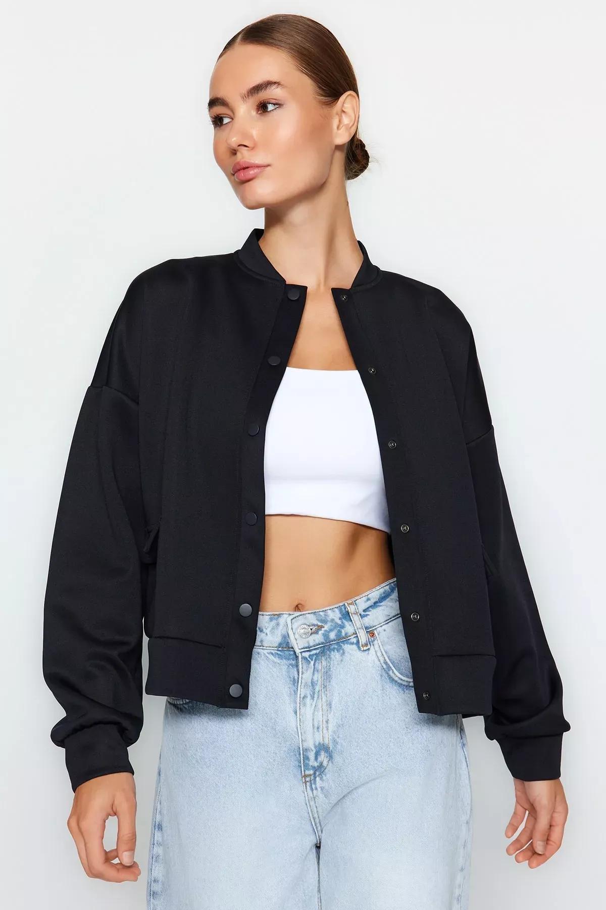 Navy Knitted Buttoned Snaped Jacket, , large image number 1