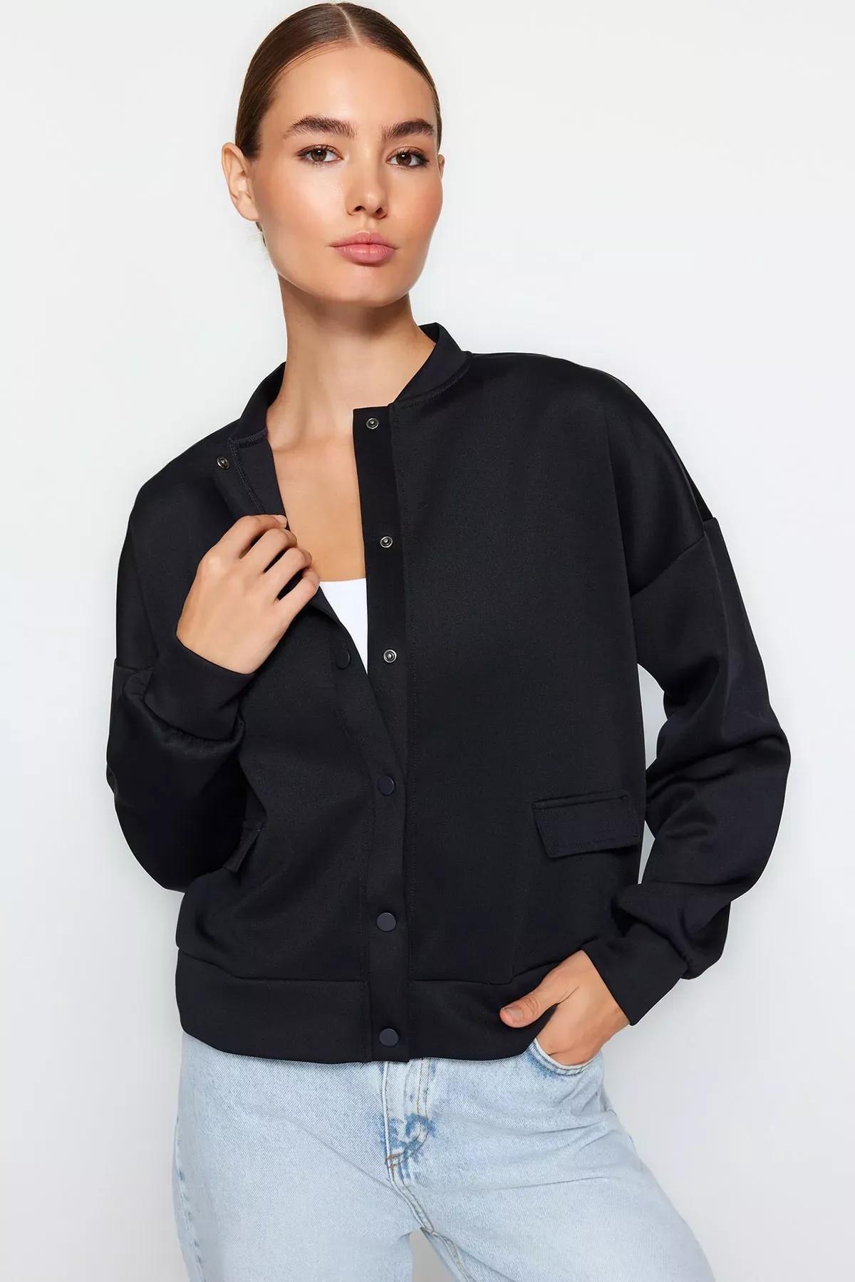 Navy Knitted Buttoned Snaped Jacket, Navy blue, medium