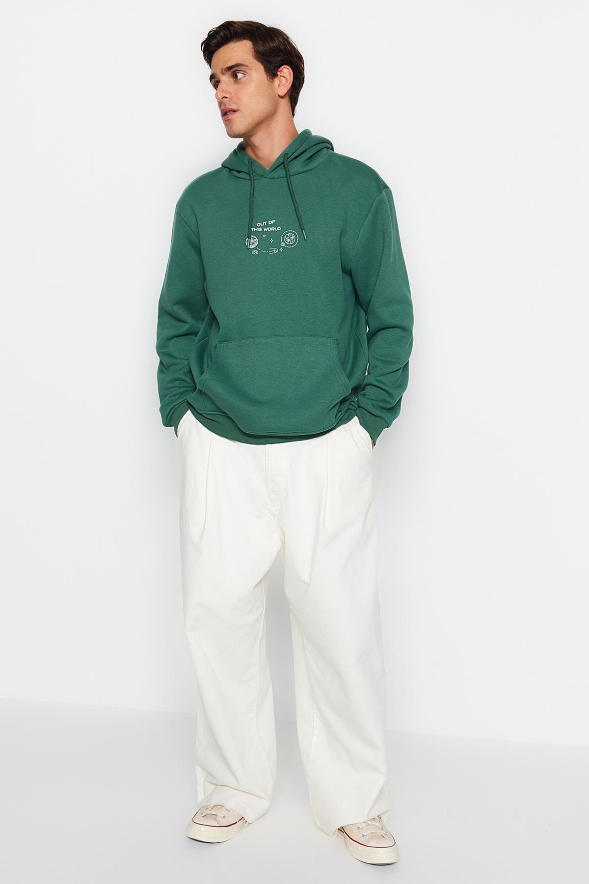 Trendyol - Green Space Embroidery Hoodie