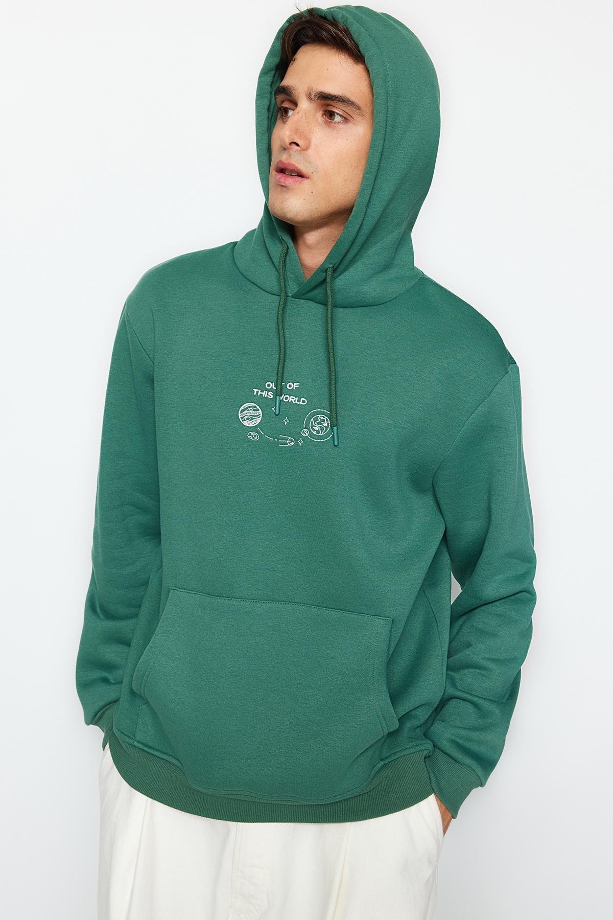 Trendyol - Green Space Embroidery Hoodie