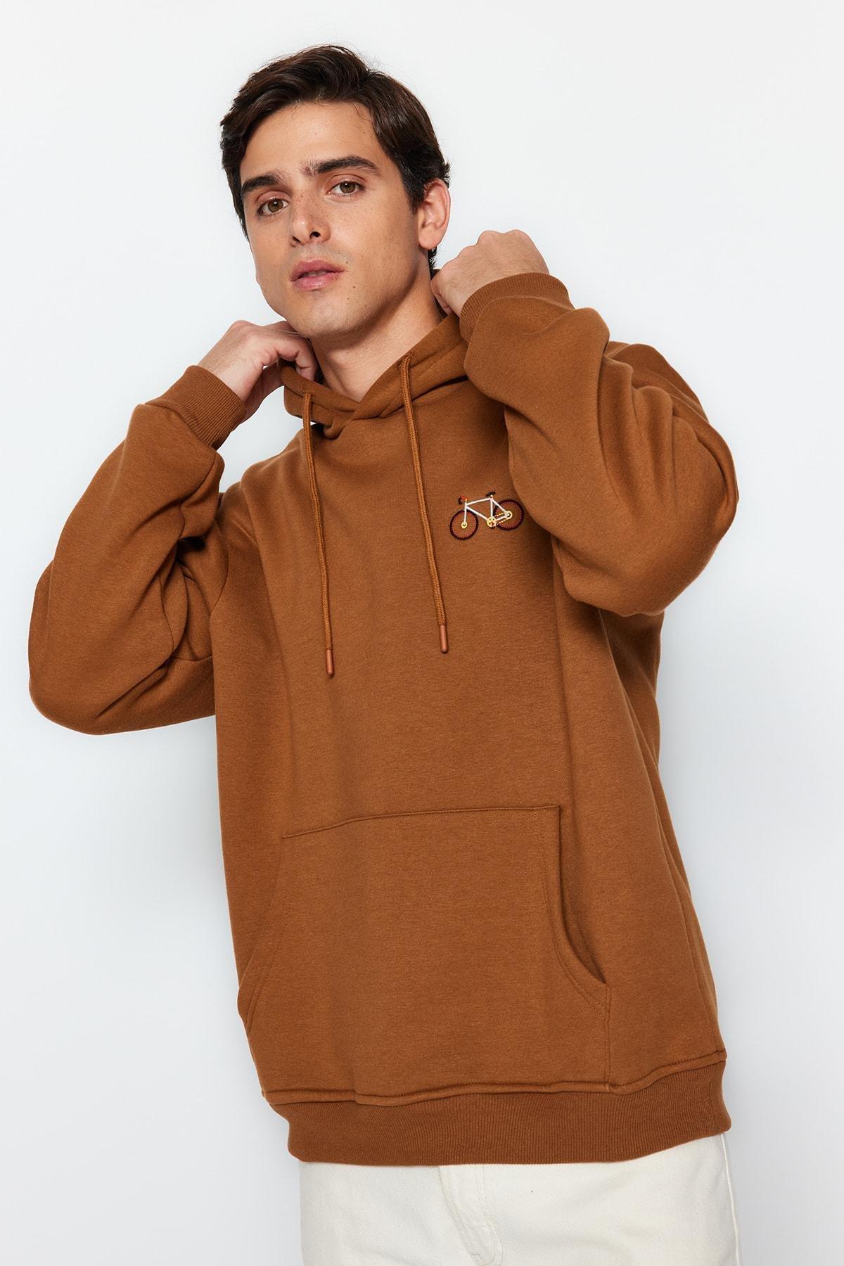 Trendyol - Brown Space Embroidered Hoodie