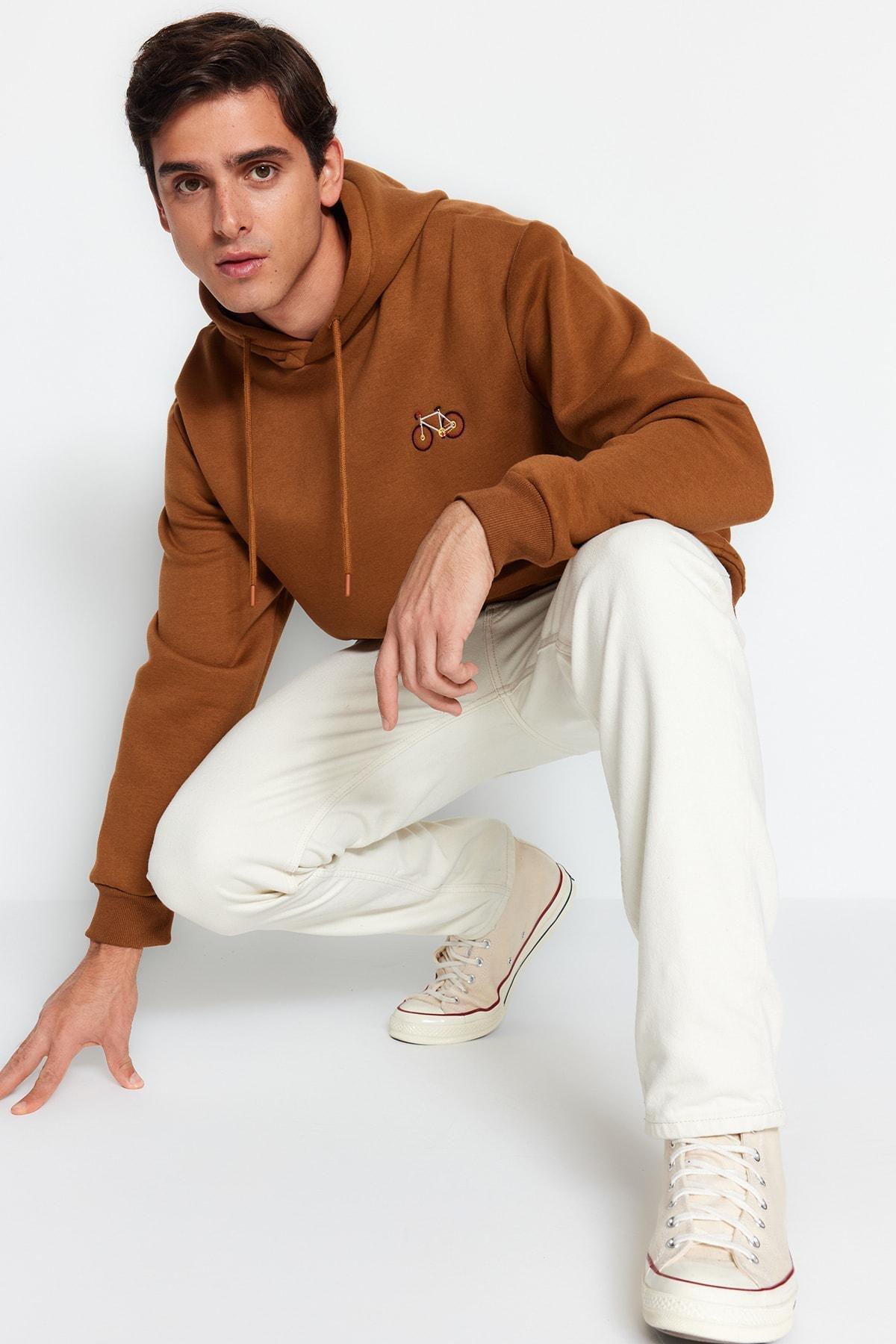 Trendyol - Brown Space Embroidered Hoodie