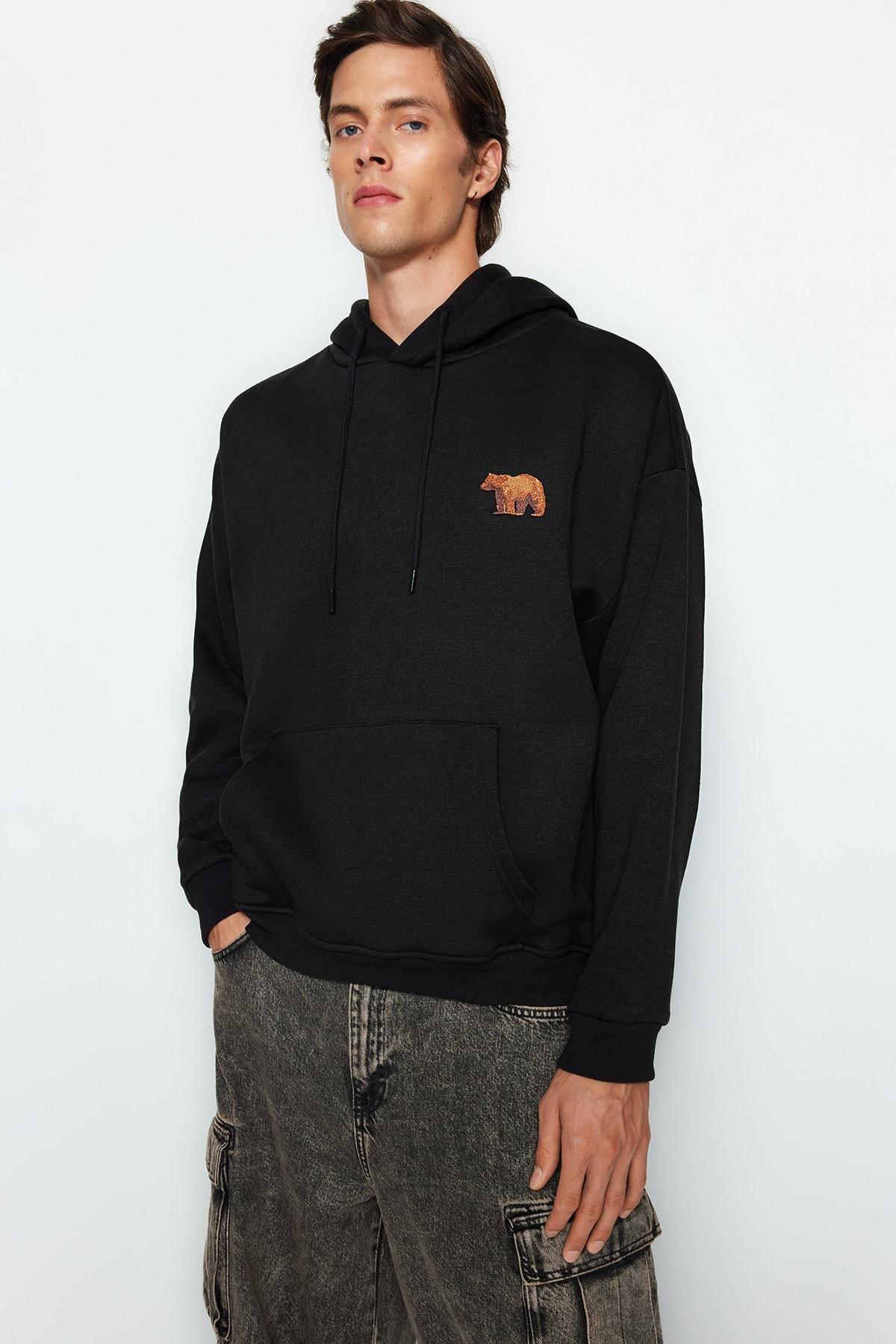 Black Oversize Animal Printed Hoodie, , large image number 1