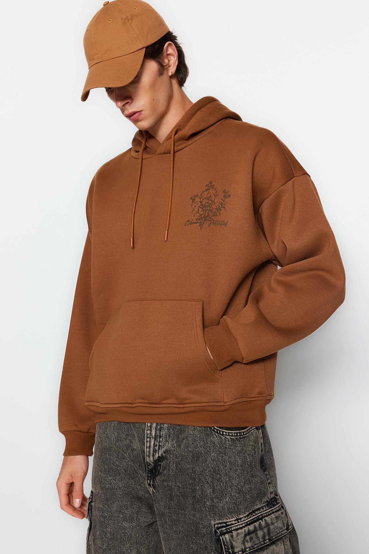 Trendyol - Brown Oversized Printed Hoodie