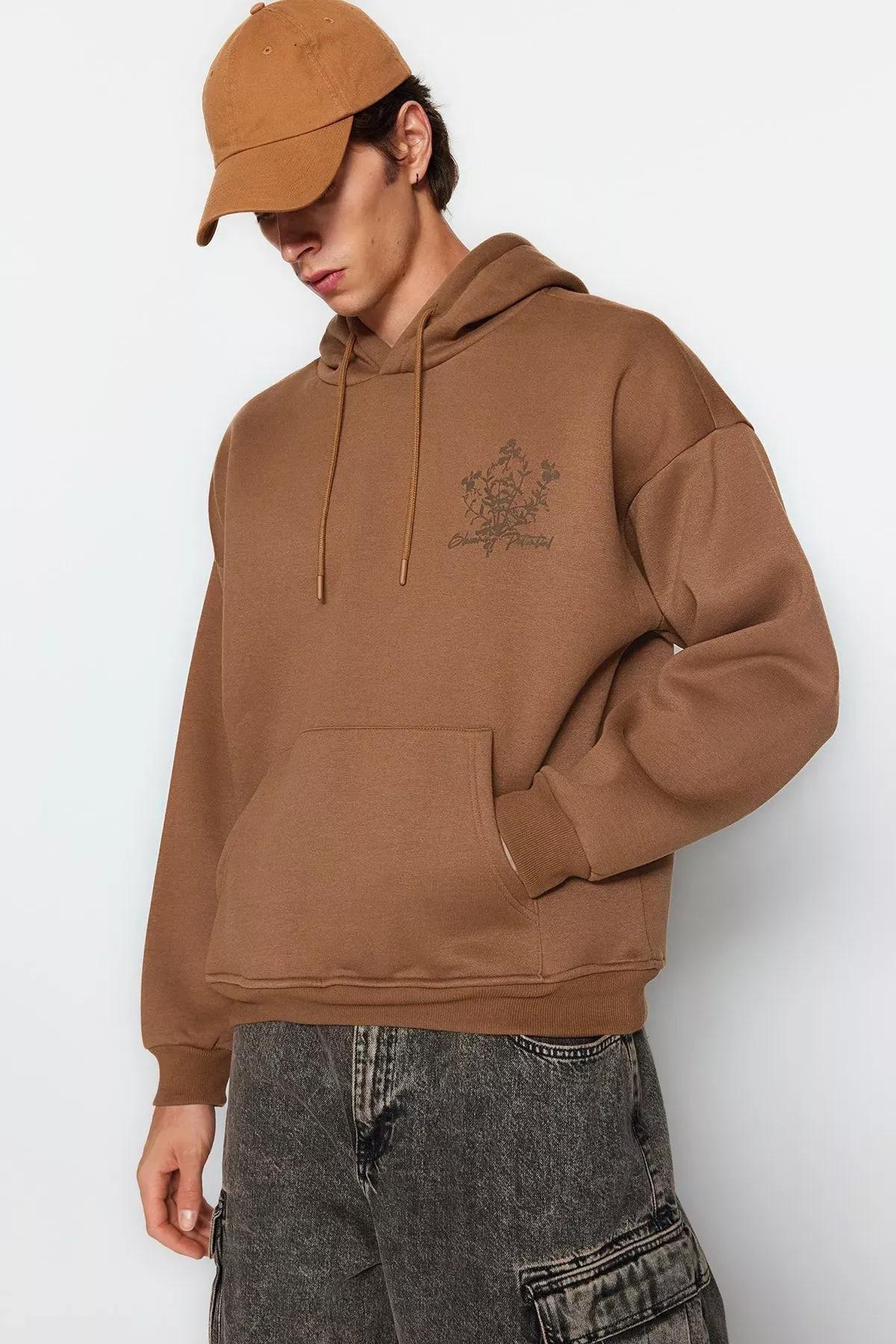 Brown Oversized Printed Hoodie, , large image number 0