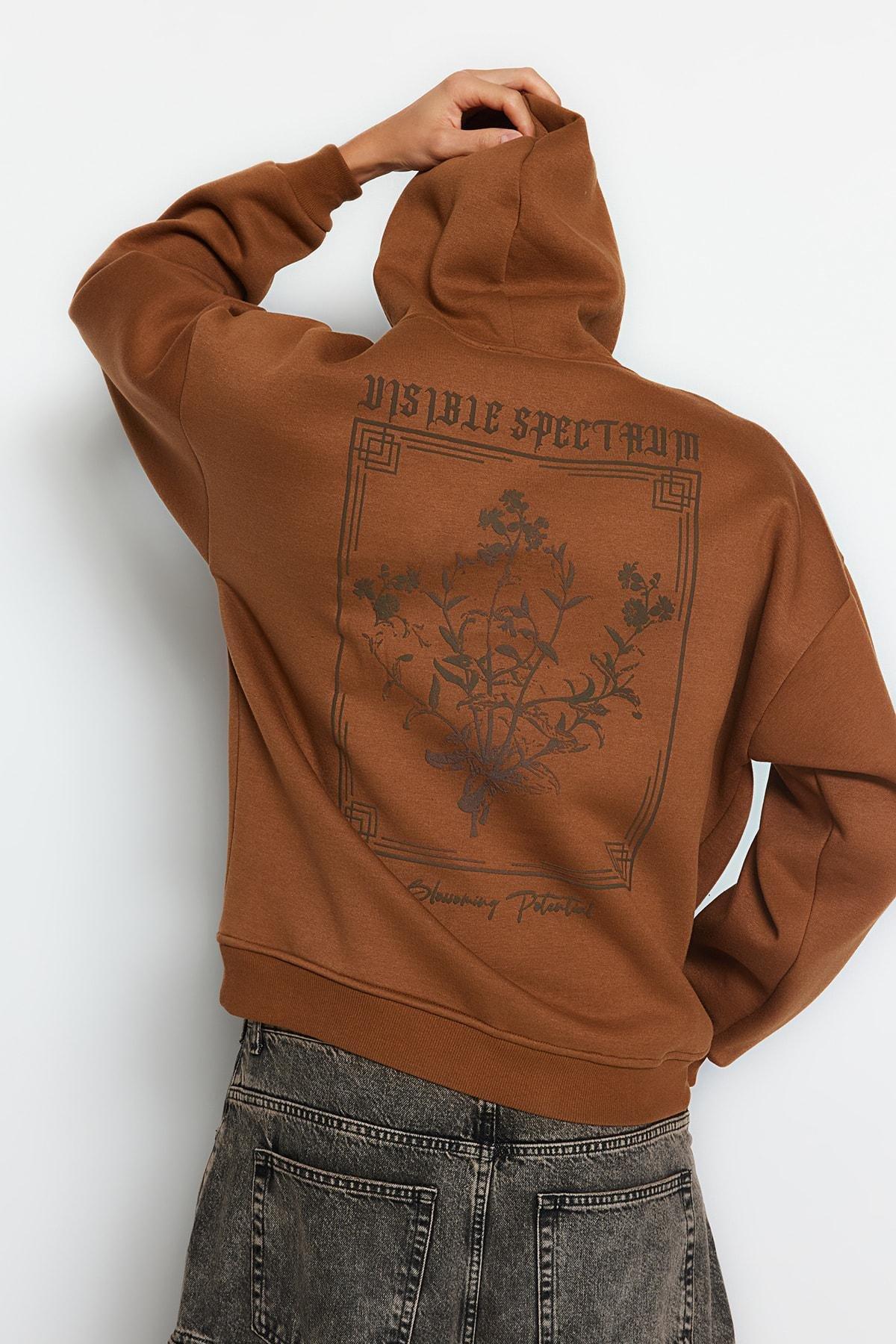 Trendyol - Brown Oversized Printed Hoodie