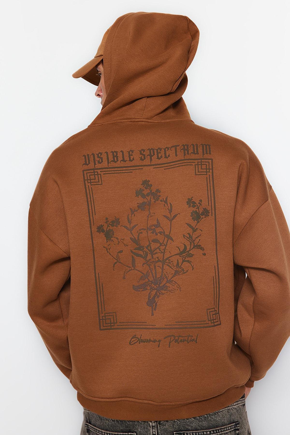 Trendyol - Brown Oversized Printed Hoodie