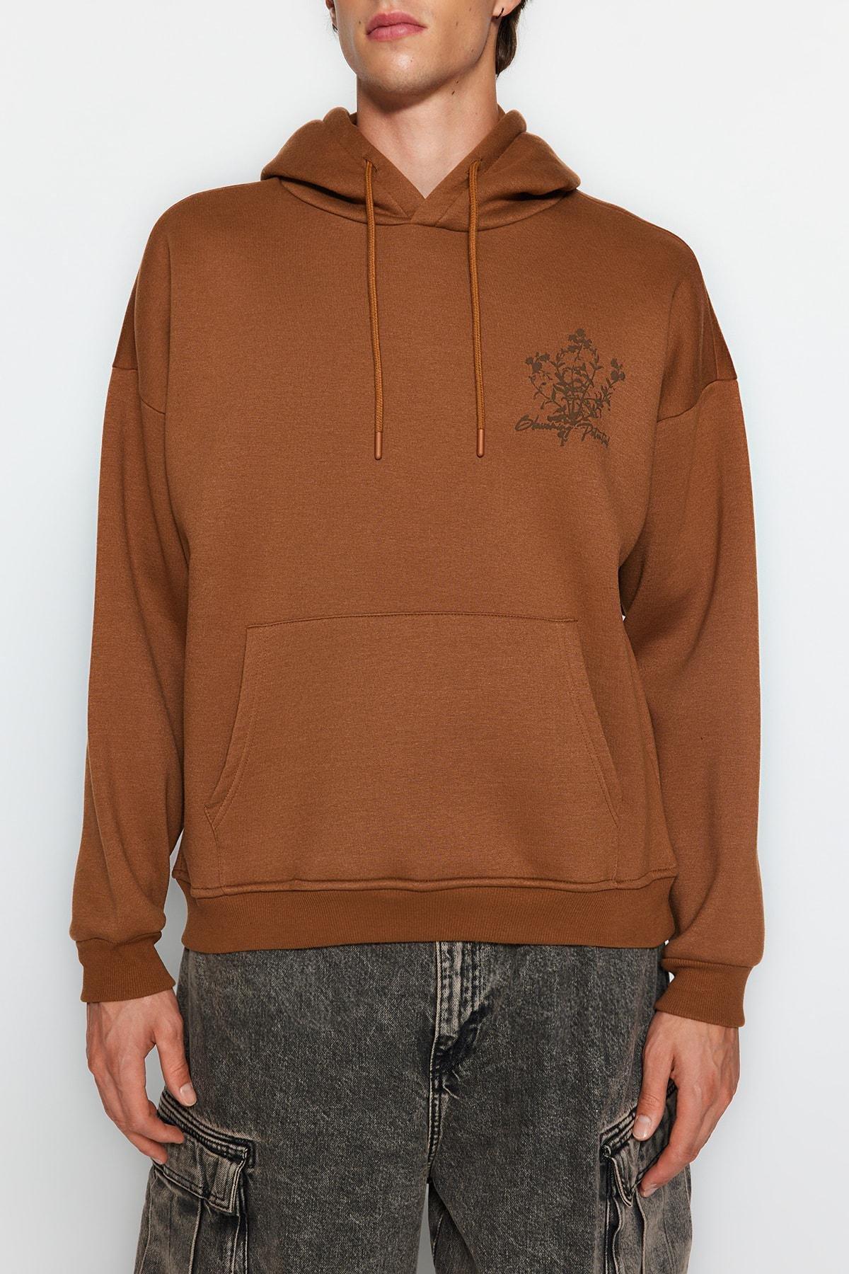 Trendyol - Brown Oversized Printed Hoodie