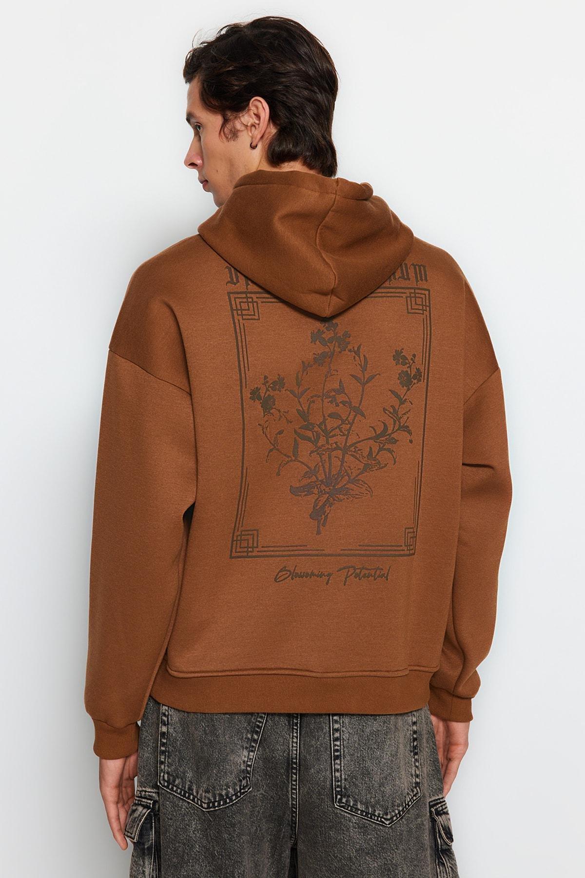 Trendyol - Brown Oversized Printed Hoodie