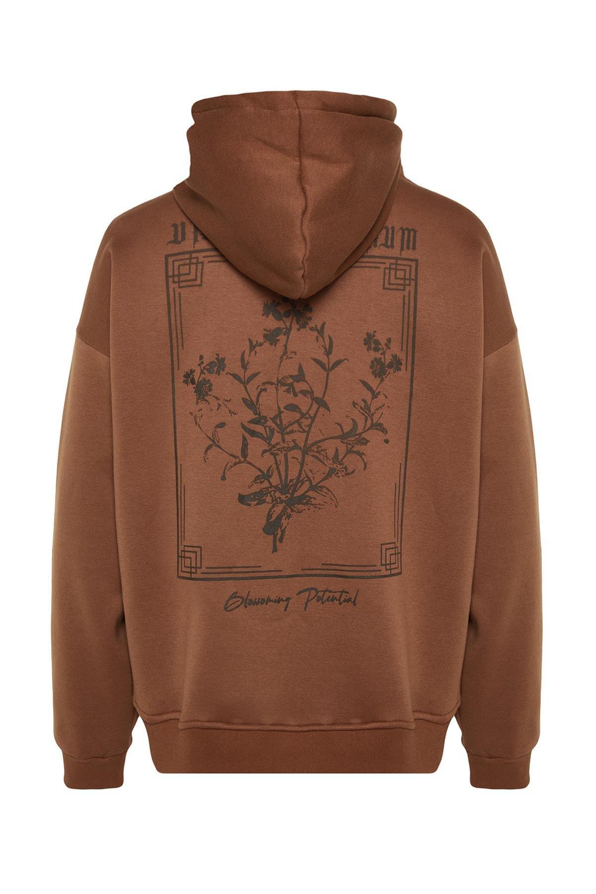 Trendyol - Brown Oversized Printed Hoodie