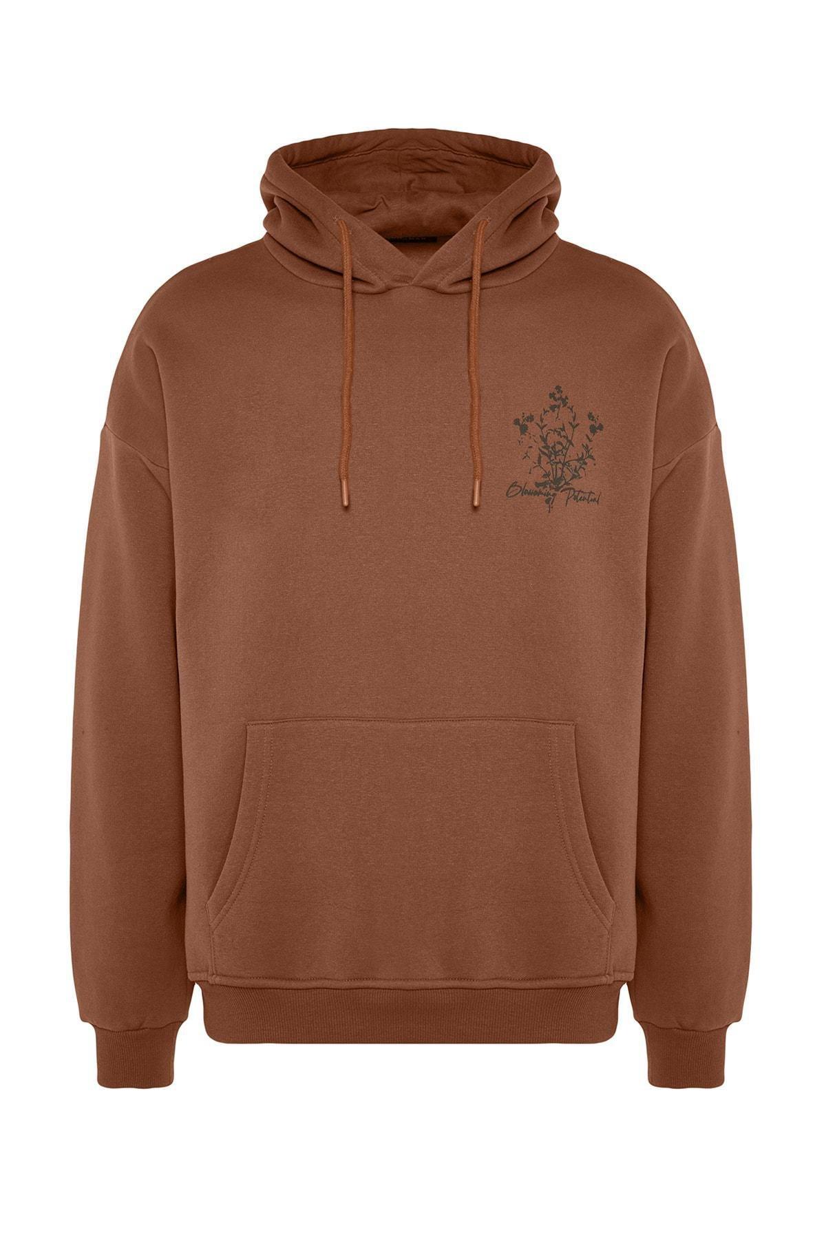 Trendyol - Brown Oversized Printed Hoodie