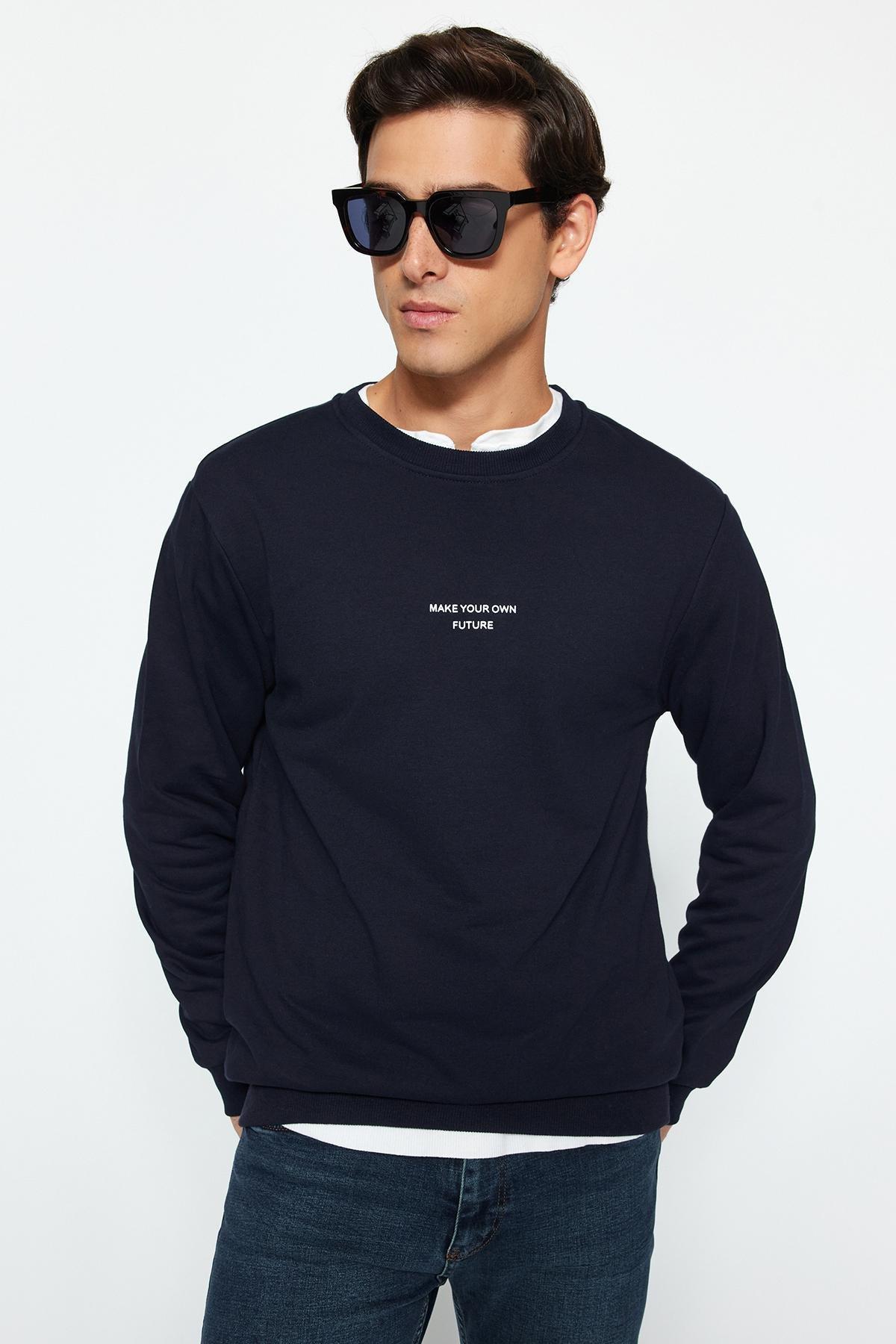 Trendyol - Navy Crew Neck Printed Sweatshirt