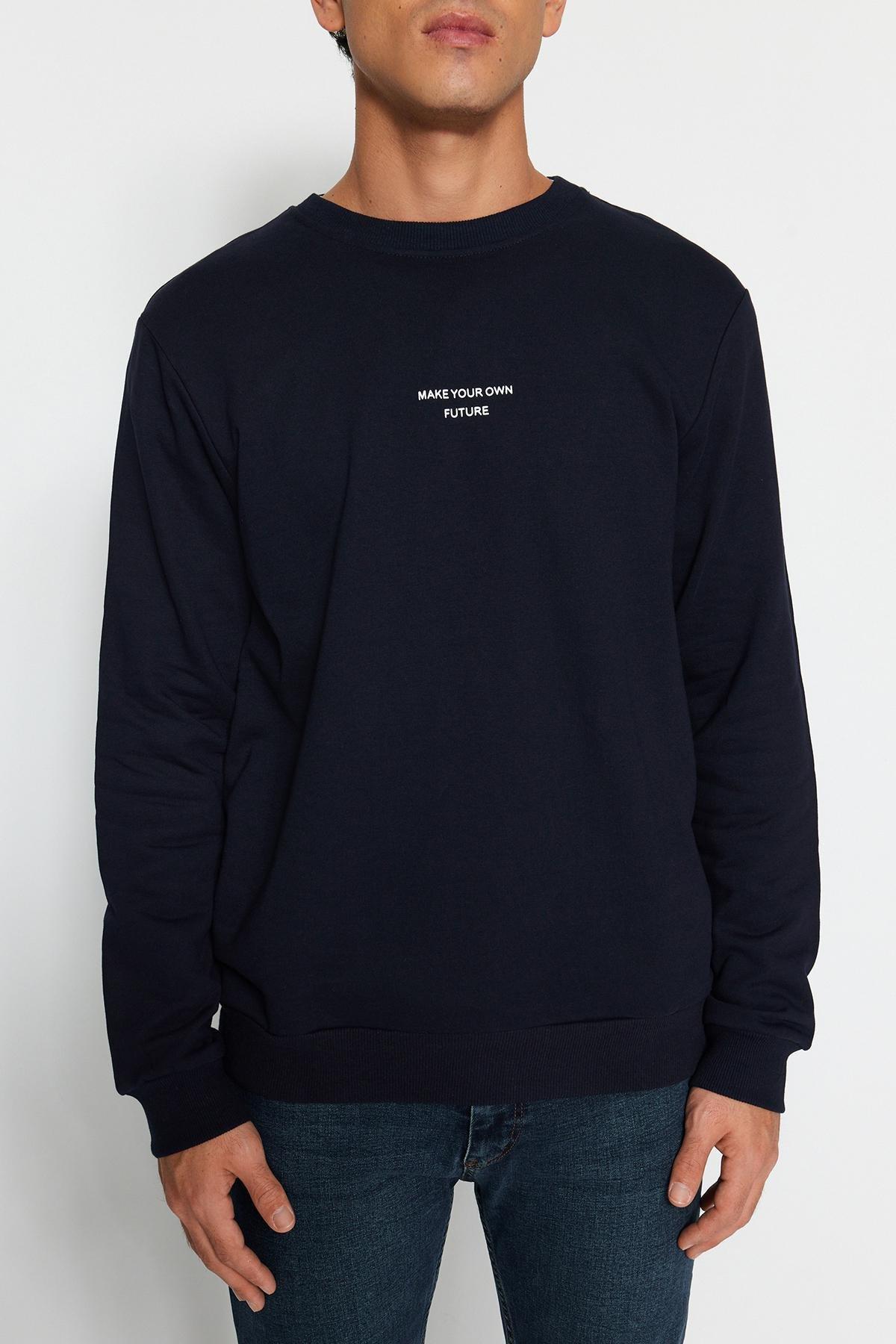 Trendyol - Navy Crew Neck Printed Sweatshirt