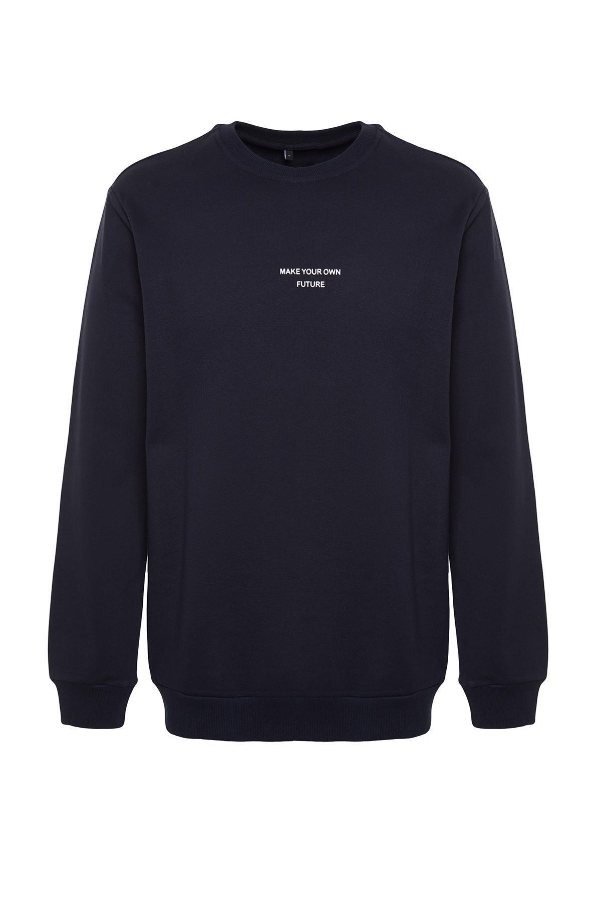 Trendyol - Navy Crew Neck Printed Sweatshirt