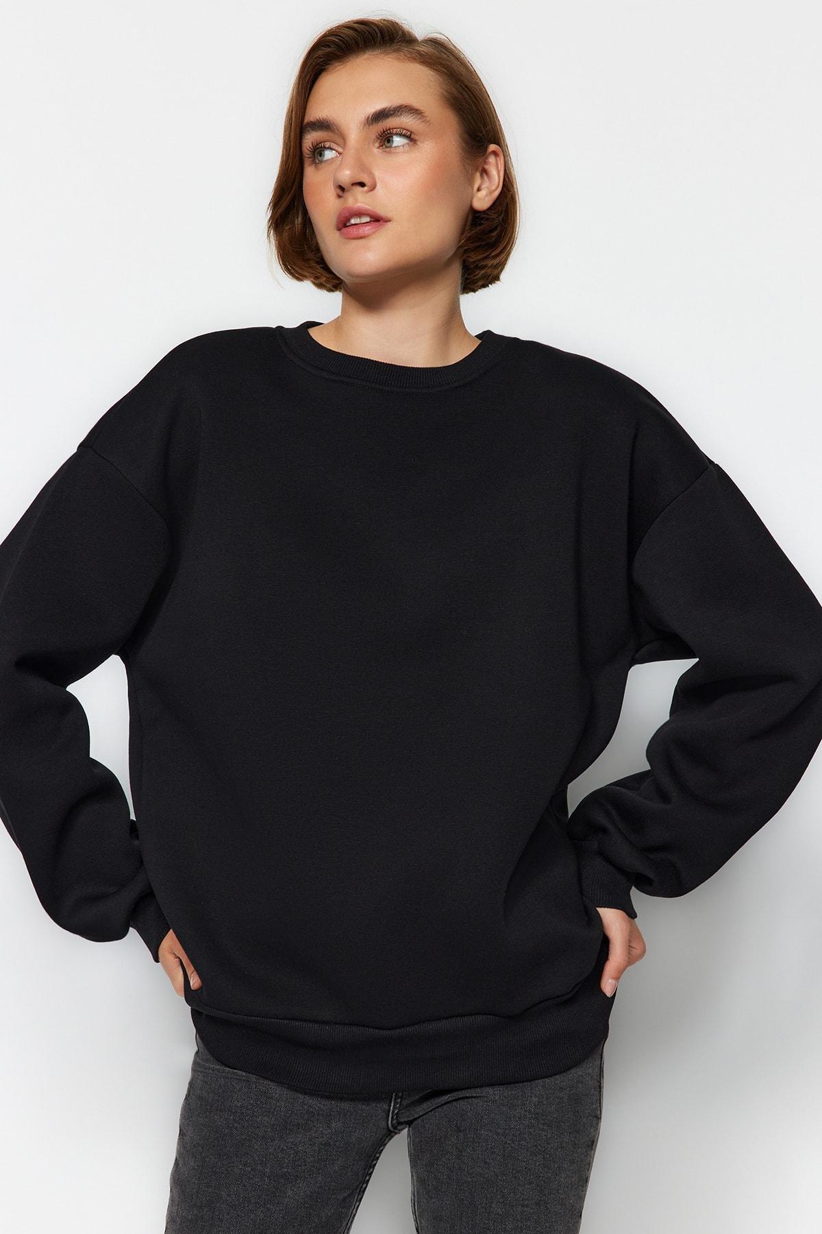 Black Crew Neck Oversize Knitted Sweatshirt, , large image number 0
