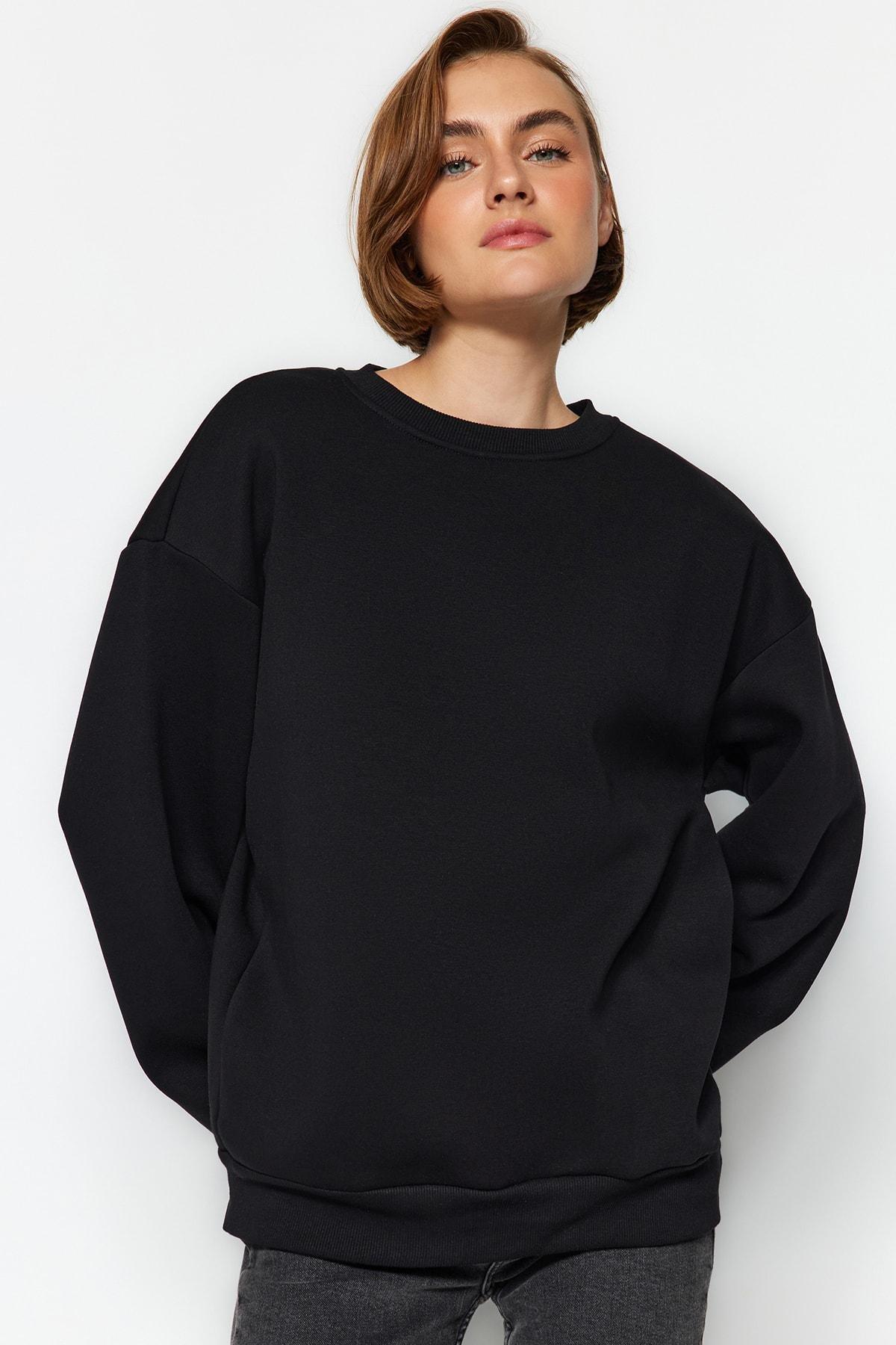 Black Crew Neck Oversize Knitted Sweatshirt, , large image number 1