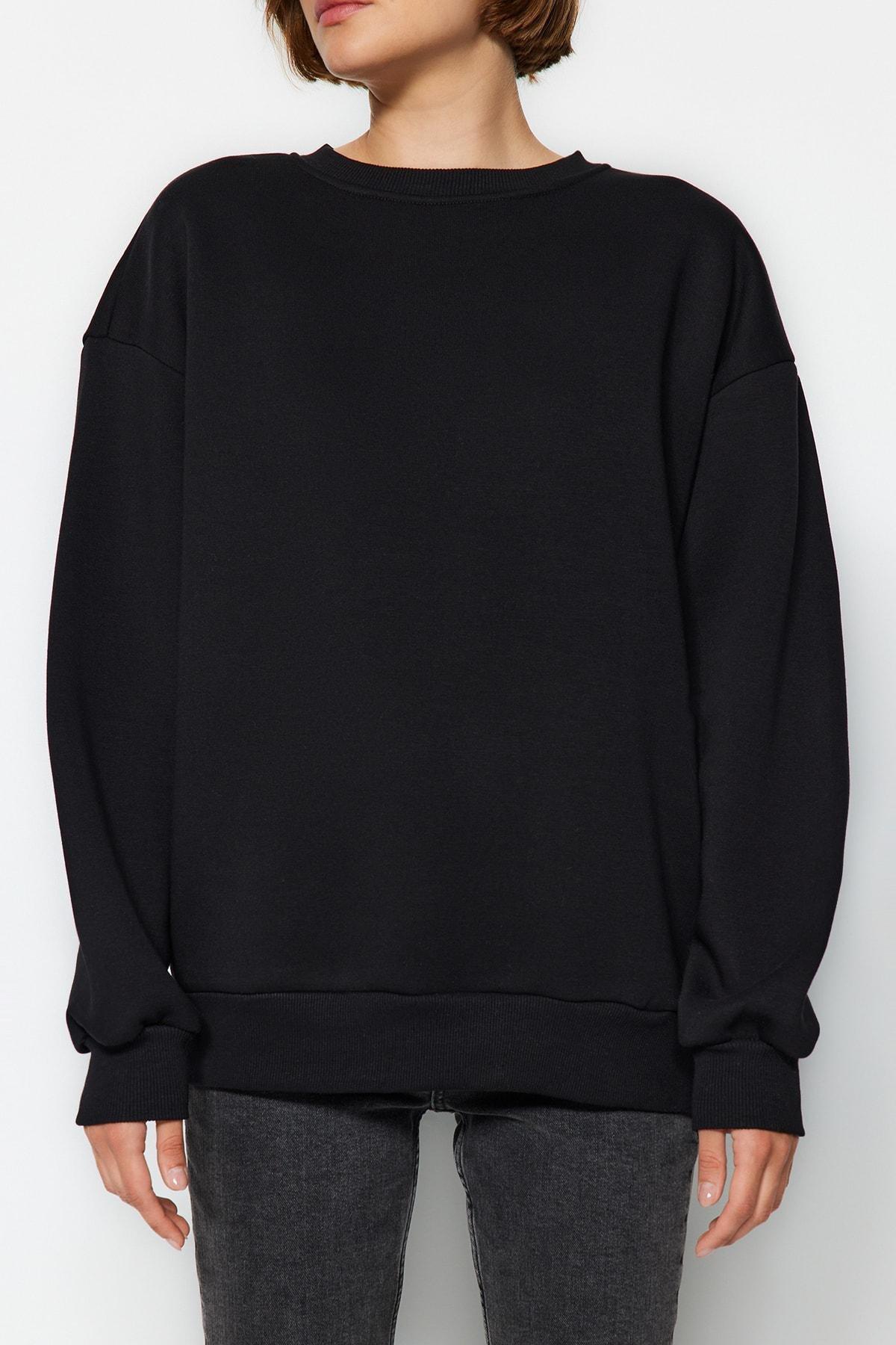 Black Crew Neck Oversize Knitted Sweatshirt, , large image number 2