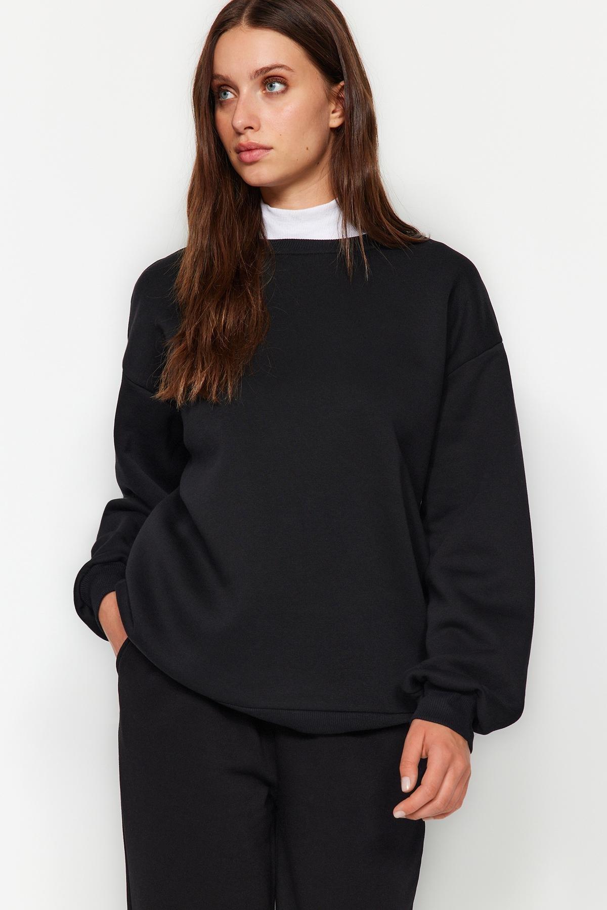 Black Crew Neck Oversize Knitted Sweatshirt, , large image number 4