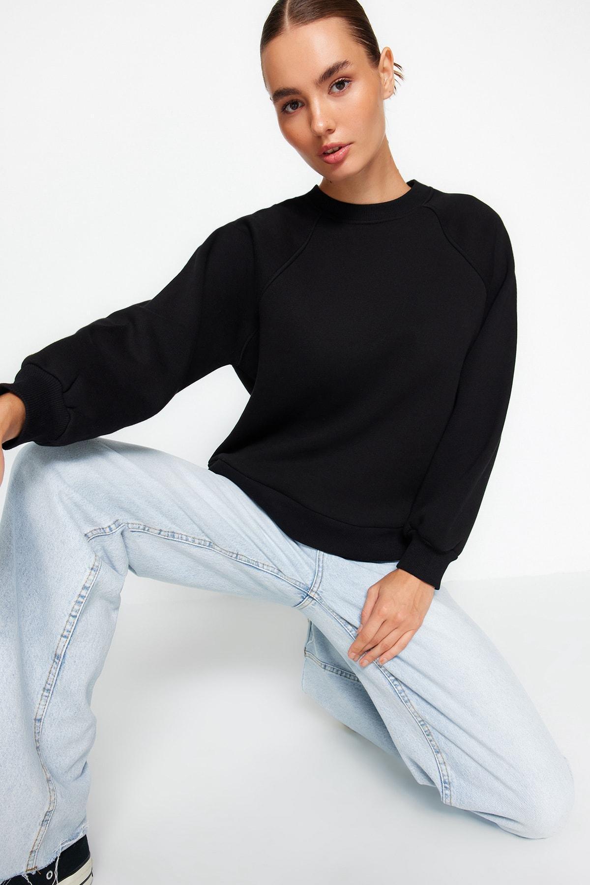 Black Raglan Sleeve Knitted Sweatshirt, , medium