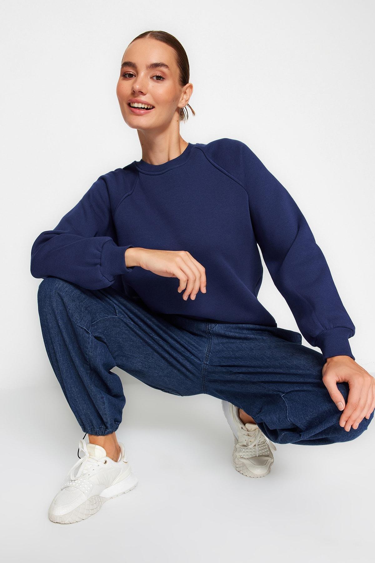 Navy Raglan Sleeve Knitted Sweatshirt, , medium