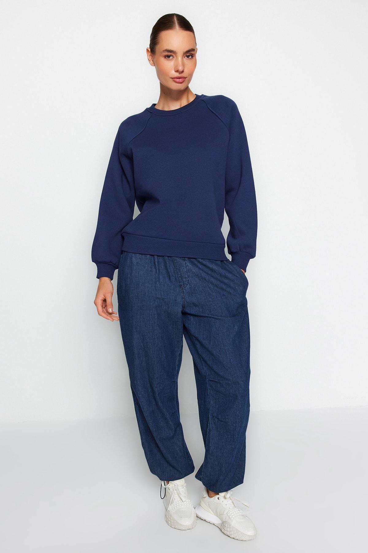 Navy Raglan Sleeve Knitted Sweatshirt, , large image number 1