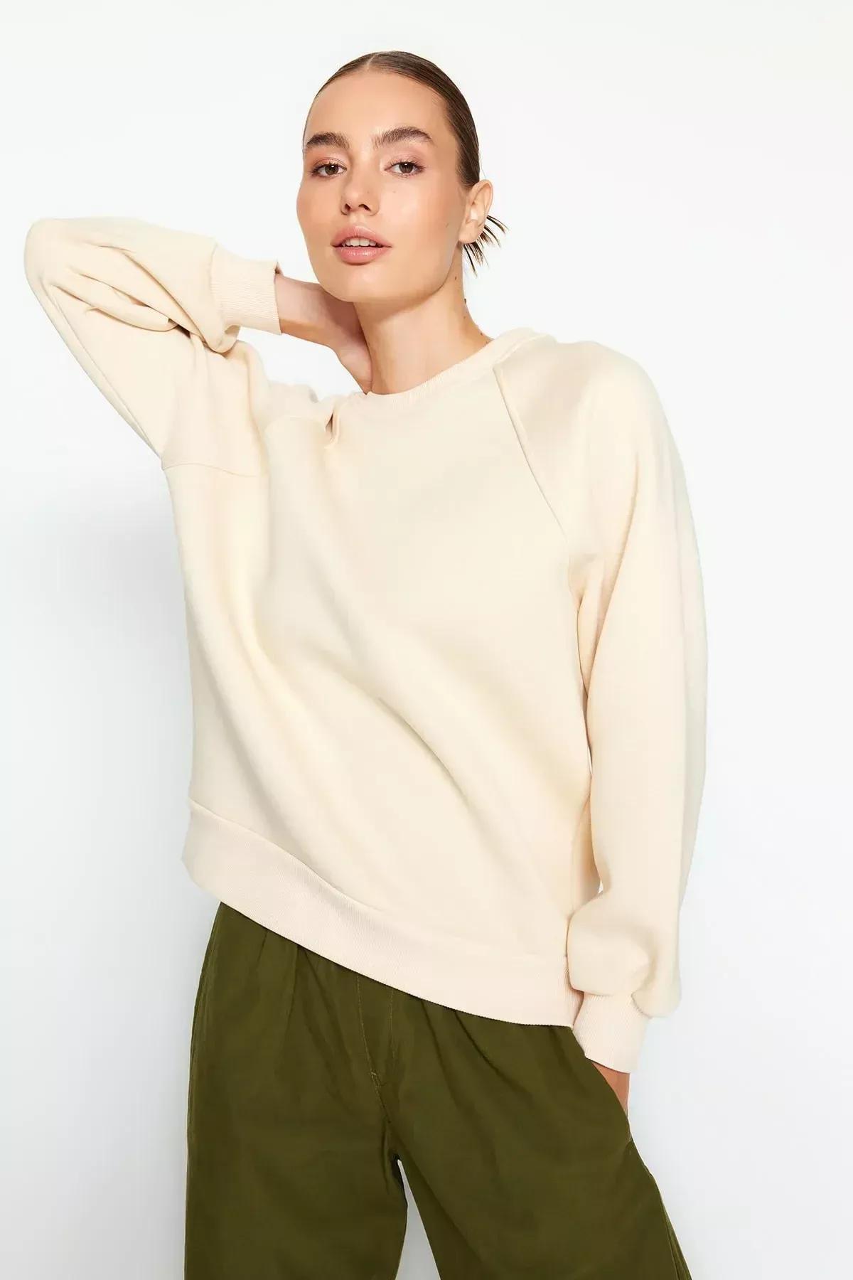 Beige Raglan Sleeve Knitted Sweatshirt, STONE, large image number 2
