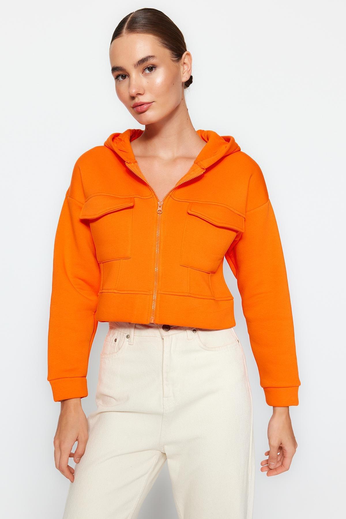 Trendyol - Orange Relaxed Detailed Hoodie Knitted Sweatshirt<br>