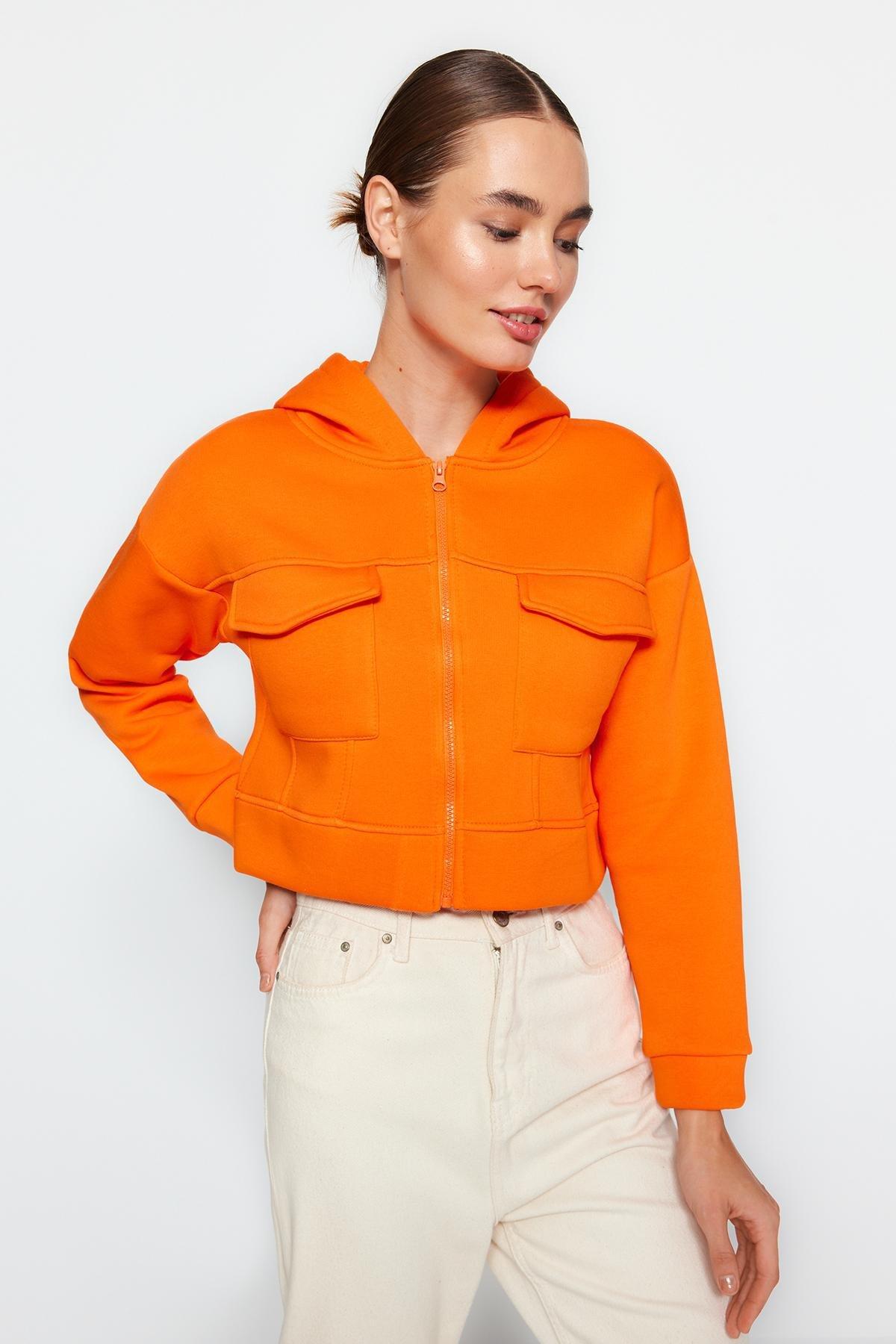 Trendyol - Orange Relaxed Detailed Hoodie Knitted Sweatshirt<br>