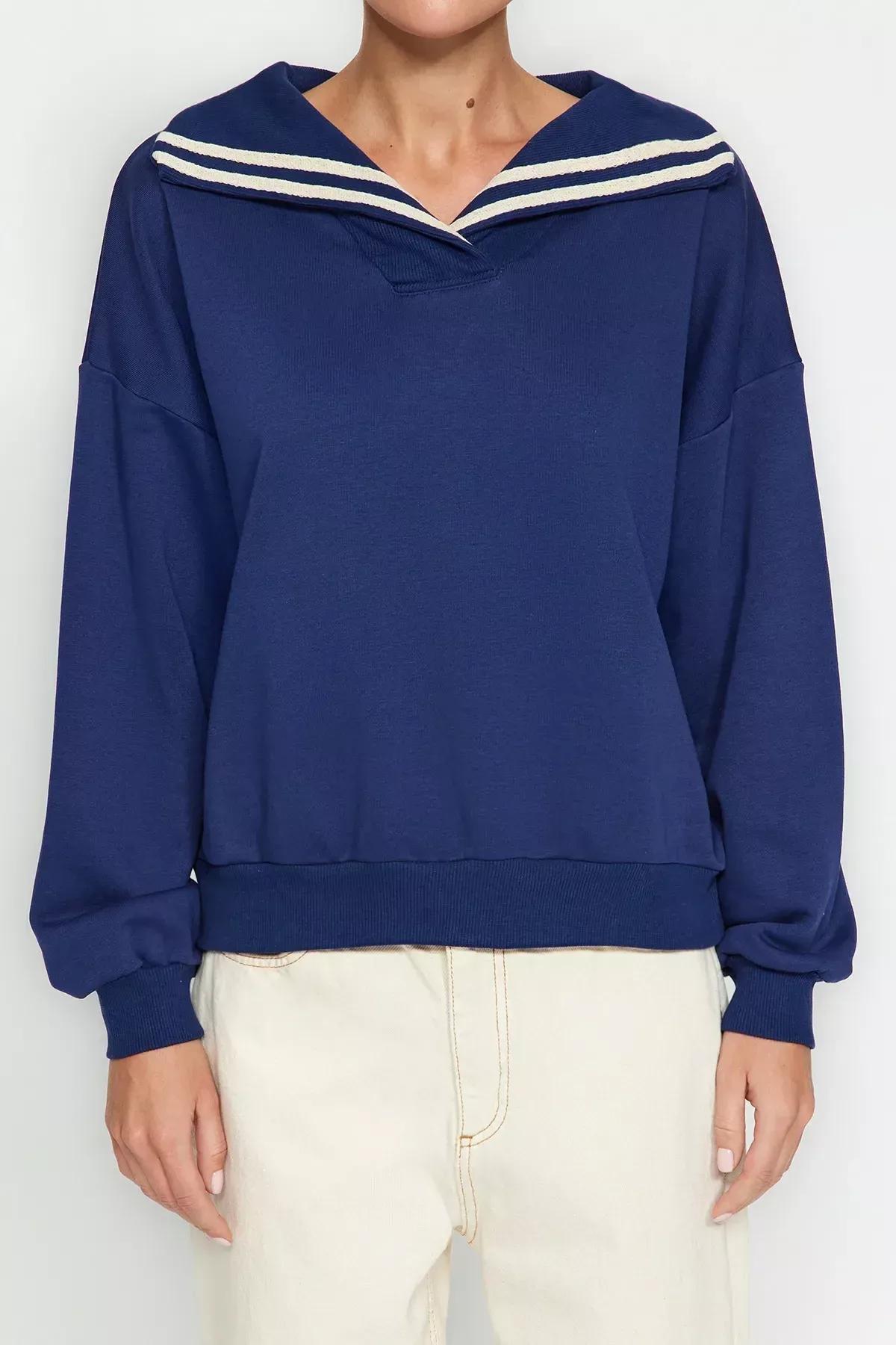 Navy Oversized Knitted Sweatshirt, Navy blue, large image number 2