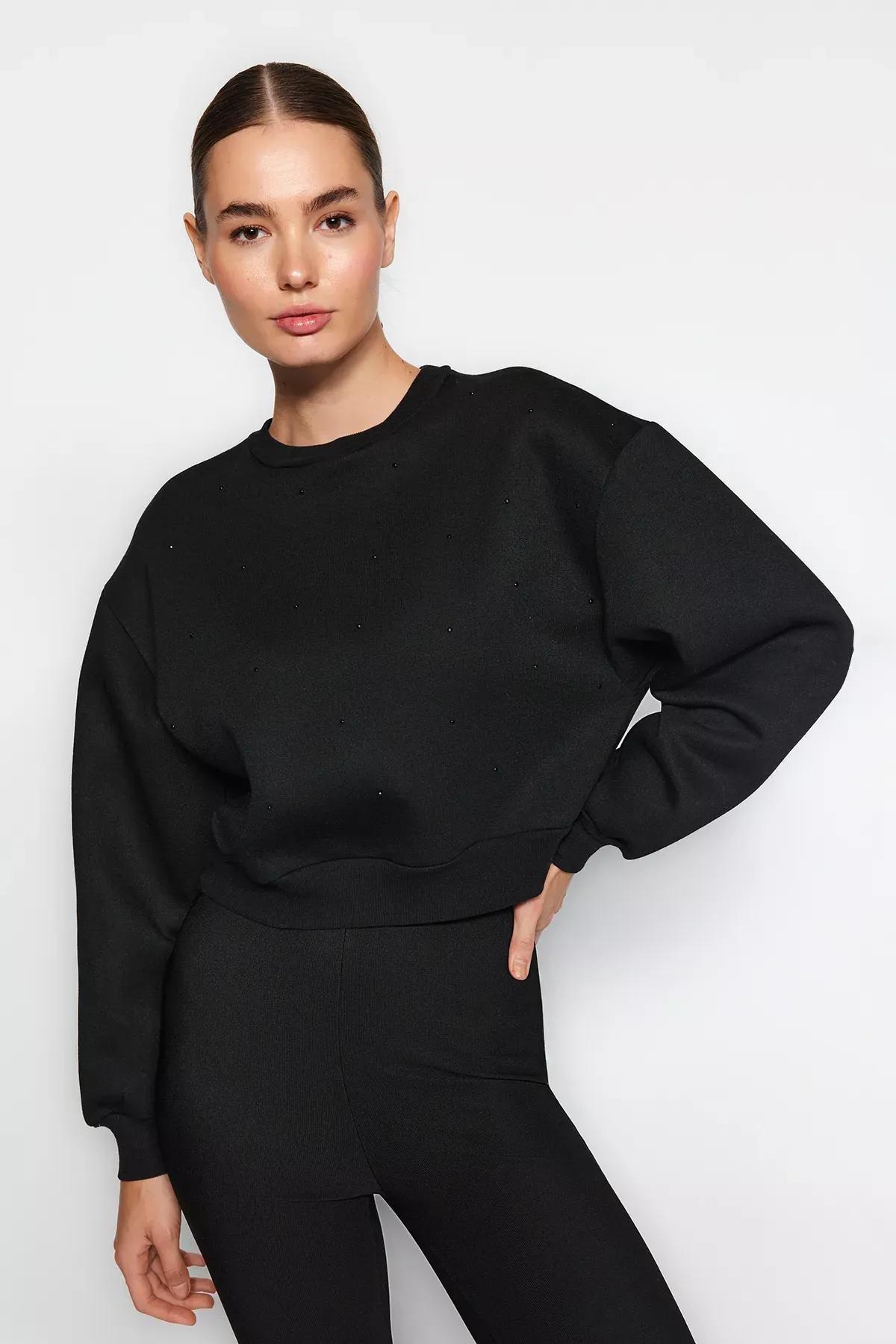 Black Knitted Sweatshirt, BLACK, large image number 0