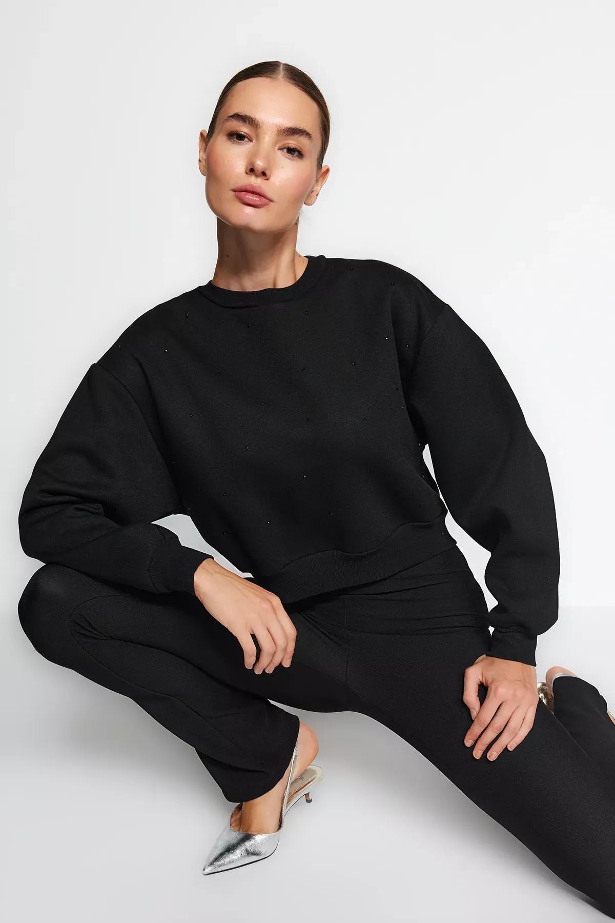Black Knitted Sweatshirt, BLACK, large image number 2